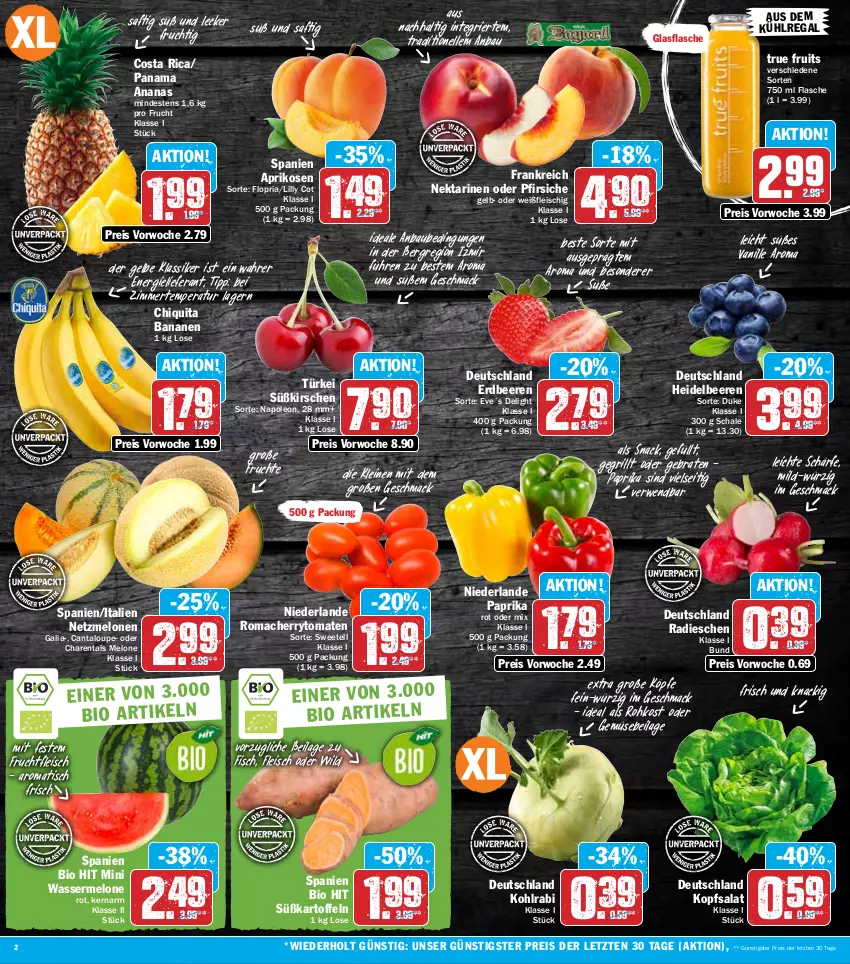 Aktueller Prospekt Hit - Prospekte - von 20.06 bis 25.06.2022 - strona 2 - produkty: ananas, aprikose, aprikosen, aus dem kühlregal, banane, bananen, Bau, beere, beeren, bio, bio hit, braten, cherrytomaten, chiquita, eis, elle, erdbeere, erdbeeren, fisch, flasche, fleisch, frucht, früchte, fruchtfleisch, glasflasche, grill, heidelbeere, heidelbeeren, ilag, kartoffel, kartoffeln, kirsch, kirsche, kirschen, kohlrabi, kopfsalat, kühlregal, leine, mac, melone, melonen, Nektar, nektarinen, nektarinen oder, oder pfirsiche, paprika, pfirsich, pfirsiche, radieschen, regal, reis, Ria, rwe, saft, salat, Schal, Schale, snack, Süßkartoffeln, Ti, tisch, tomate, tomaten, true fruits, vanille, wasser, wassermelone, Wild, ZTE