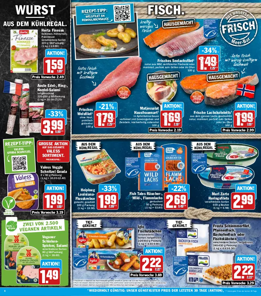 Aktueller Prospekt Hit - Prospekte - von 20.06 bis 25.06.2022 - strona 6 - produkty: apfel, aqua, aus dem kühlregal, backofen, Becher, eis, filet, filets, finesse, fisch, fische, Fischer, fischstäbchen, fleisch, frischfisch, frosta, gewürz, Gewürzgurke, gewürzgurken, gouda, grill, gurke, gurken, hering, Herings, heringsfilets, herta, herta finesse, iglo, kotelett, Krebs, küche, Küchen, kühlregal, lachs, lachsfilet, lamm, mac, matjes, merl, natur, Ofen, pfanne, pfannen, pute, putenbrust, regal, reis, remoulade, ring, sahne, salami, salat, sauce, Schere, schinken, Schinkenspicker, schlemmerfilet, schnitten, schnitzel, seelachsfilet, Ti, tisch, veggie, Wels, Wild, wurst, ZTE, zwiebel, zwiebeln