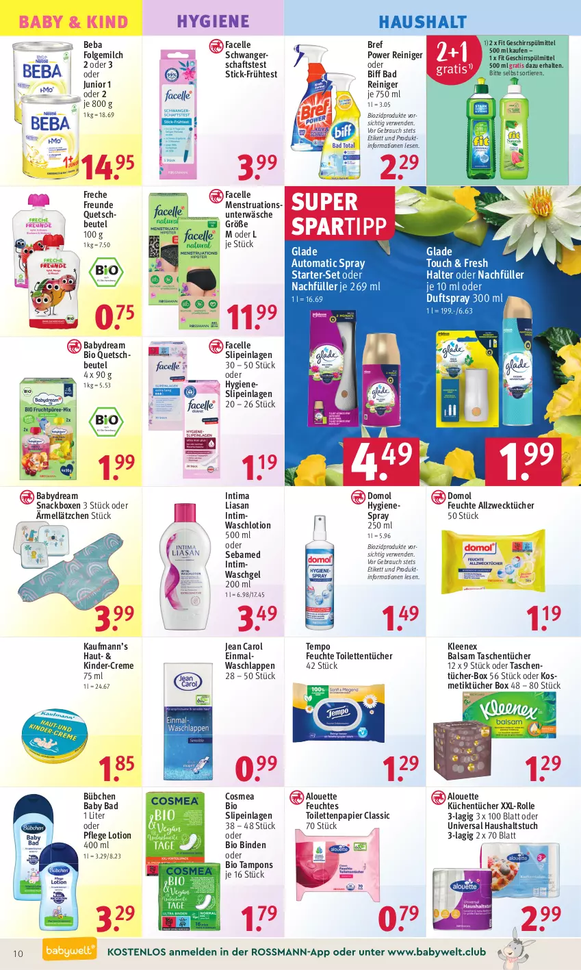 Aktueller Prospekt Rossmann - Prospekte - von 17.04 bis 21.04.2023 - strona 10 - produkty: Allzwecktücher, alouette, Alwa, auto, babydream, Bad, balsam, Beba, beutel, biff, binden, bio, biozidprodukte, Bref, bref power, bübchen, cosmea, creme, Domol, Duftspray, Einmalwaschlappen, elle, Facelle, feuchtes toilettenpapier, folgemilch, freche freunde, geschirr, geschirrspülmittel, Glade, Jean Carol, Kinder, kosmetik, Kosmetiktücher, küche, Küchen, küchentücher, Lätzche, LG, Lotion, milch, papier, quetschbeutel, Rauch, reiniger, rwe, Schwangerschaftstest, sebamed, slip, slipeinlagen, snack, spartipp, spülmittel, Tampon, tampons, Tasche, taschen, taschentücher, Tempo, Ti, Tiere, toilettenpapier, toilettentücher, tuc, tücher, Unterwäsche, waschgel, waschlappen, Waschlotion, weck