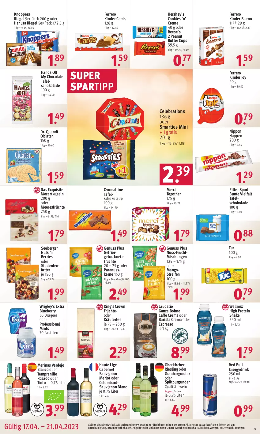 Aktueller Prospekt Rossmann - Prospekte - von 17.04 bis 21.04.2023 - strona 12 - produkty: angebot, angebote, asti, Bad, Berger, blueberry, bohne, burgunder, butter, cabernet, cabernet sauvignon, caffè crema, cola, cookie, cookies, creme, drink, ente, erde, espresso, ferrero, frucht, früchte, grauburgunder, hanuta, Kinder, kinder bueno, knoppers, kräuter, Kugel, mango, mangos, meeresfrüchte, merci, merl, merlot, mint, nippon, nuss, Oblaten, oder espresso, oder kräuter, ovomaltine, Paranusskerne, peanut butter, qualitätswein, red bull, reifen, riegel, riesling, ritter, ritter sport, sauvignon, sauvignon blanc, schoko, schokolade, seeberger, shake, smarties, spartipp, spätburgunder, Sport, studentenfutter, tafelschokolade, tee, tempranillo, Ti, tuc, wein