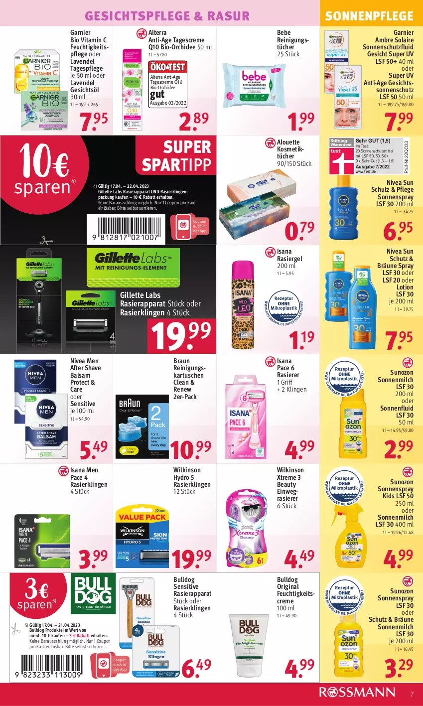 Aktueller Prospekt Rossmann - Prospekte - von 17.04 bis 21.04.2023 - strona 7 - produkty: after shave, alouette, alterra, Ambre Solaire, balsam, Bebe, bio, braun, Bulldog, coupon, creme, einwegrasierer, feuchtigkeitscreme, feuchtigkeitspflege, garnier, Gesichtsöl, gesichtspflege, gillette, gin, isana, kosmetik, Kosmetiktücher, lavendel, Lotion, milch, nivea, Nivea Men, nivea sun, orchidee, Q10, rasierapparat, rasierer, rasiergel, Rasierklinge, rasierklingen, Reinigung, reinigungstücher, sana, sonnenmilch, sonnenschutz, sonnenspray, spartipp, tagescreme, Tagespflege, Ti, Tiere, tücher, vita, Vitamin C, wilkinson