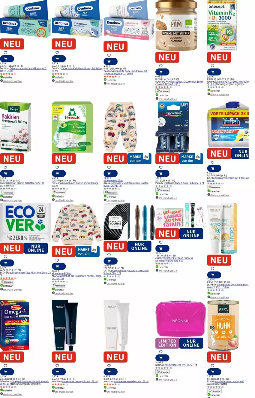 Aktueller Prospekt Dm Drogerie - Prospekte - von 28.07 bis 06.08.2025 - strona 5 - produkty: aust, batterie, batterien, Bau, bett, bürste, butter, citrus, coconut, creme, Dentinox, eis, elle, Finish, Frosch, geschenkset, gin, handcreme, hose, Jogginghose, kneipp, kosmetik, Kosmetiktasche, kraft, lachs, LG, mam, maschinenreiniger, nassfutter, natur, natura, nuss, omega, Omega-3, pasta, reiniger, Ria, ring, rum, shirt, sim, spülmaschinen, Sweatshirt, tablet, tablett, Tablette, Tasche, Ti, uhu, vita, zahnbürste, zahnpasta