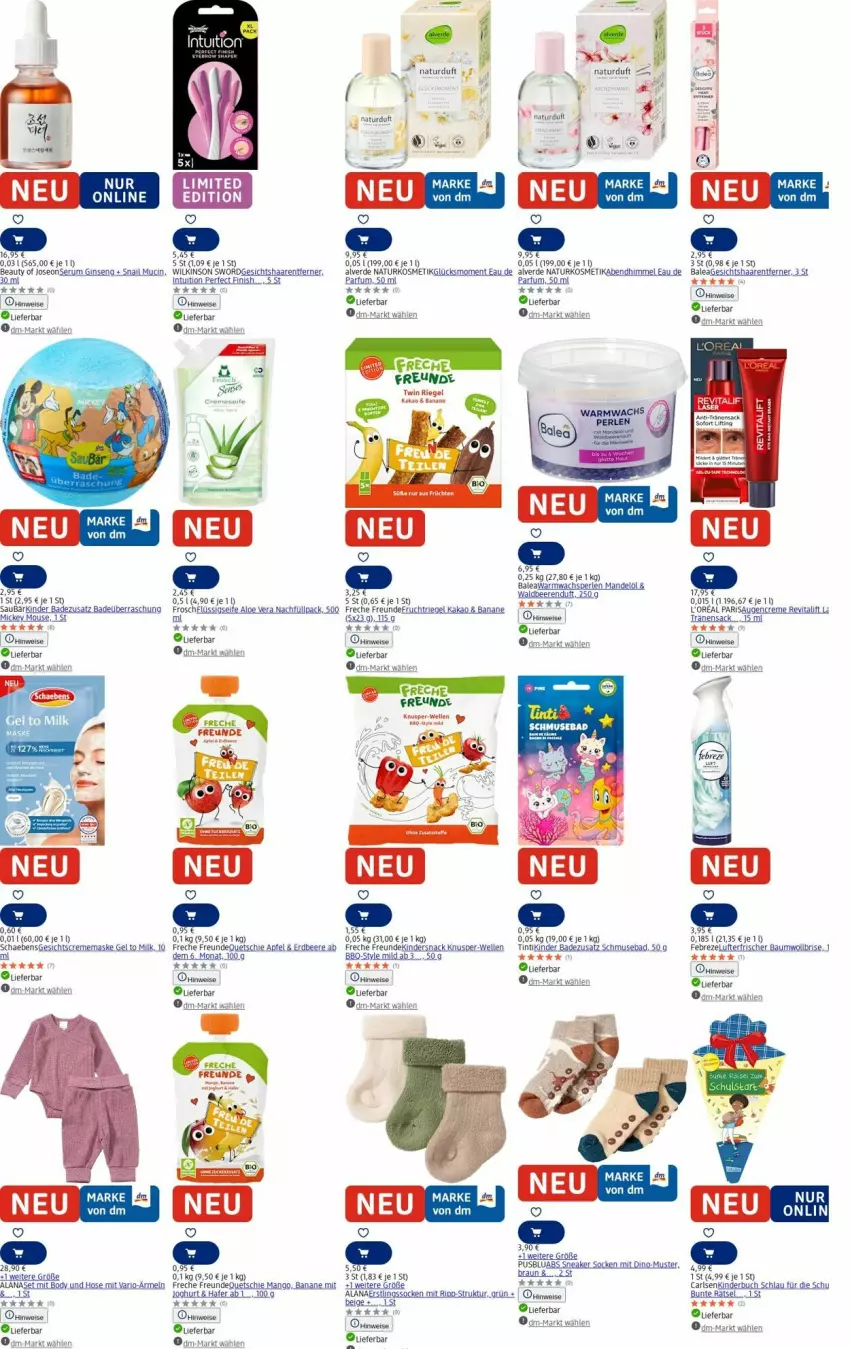 Aktueller Prospekt Dm Drogerie - Prospekte - von 28.07 bis 06.08.2025 - strona 8 - produkty: aloe vera, Alverde, apfel, Bad, banane, Bau, beere, beeren, body, braun, brezel, buch, cin, creme, eis, elle, erdbeere, erde, febreze, Finish, freche freunde, Frosch, Gesichtscreme, gin, hafer, hose, joghur, joghurt, kakao, Kinder, Kinderbuch, kosmetik, lufterfrischer, mac, mandel, Mandelöl, mango, Maske, natur, naturkosmetik, parfum, perlen, Revital, revitalift, riegel, rum, sac, Schaebens, Seife, Serum, snack, socken, Ti, usb, vita, Warmwachs, wilkinson
