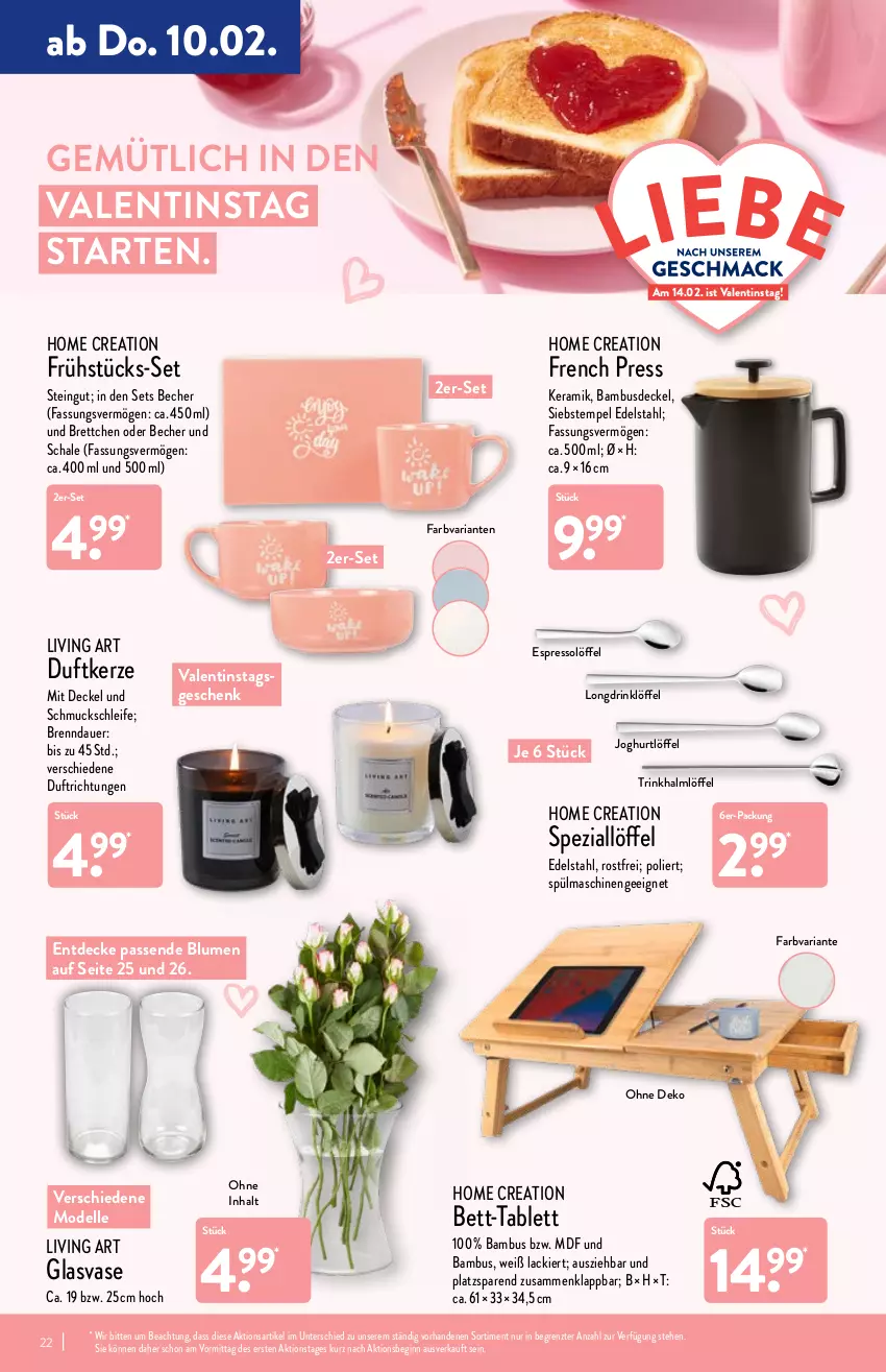 Aktueller Prospekt Aldi Nord - Aldi-Aktuell - von 07.02 bis 12.02.2022 - strona 22 - produkty: auer, bambus, Becher, bett, blume, blumen, Brettchen, decke, Deckel, dell, drink, Duftkerze, edelstahl, elle, espresso, Frühstücks-Set, gin, joghur, joghurt, kerze, lack, Löffel, Mode, Ria, Schal, Schale, Schmuck, Spezi, spülmaschinen, tablet, tablett, Ti, Vase, ZTE