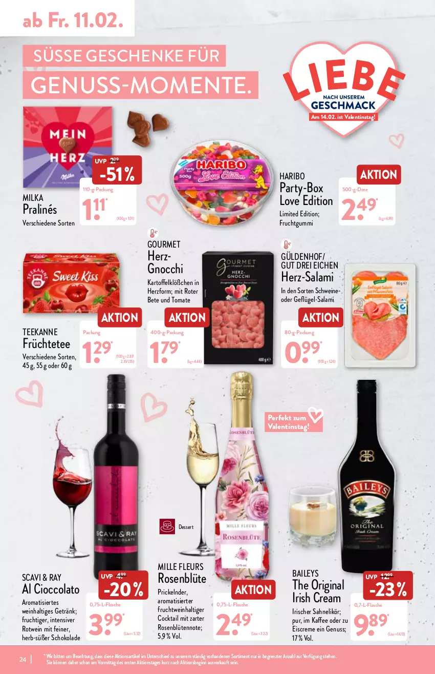 Aktueller Prospekt Aldi Nord - Aldi-Aktuell - von 07.02 bis 12.02.2022 - strona 24 - produkty: baileys, Blüte, cocktail, cola, creme, dessert, eis, eiscreme, ente, flasche, frucht, früchte, Früchtetee, fruchtgummi, Geflügel, getränk, gin, gnocchi, haribo, irish cream, kaffee, kartoffel, likör, milka, nuss, rosen, rotwein, sahne, salami, schoko, schokolade, schwein, schweine, tee, teekanne, Ti, tomate, wein, weine, ZTE