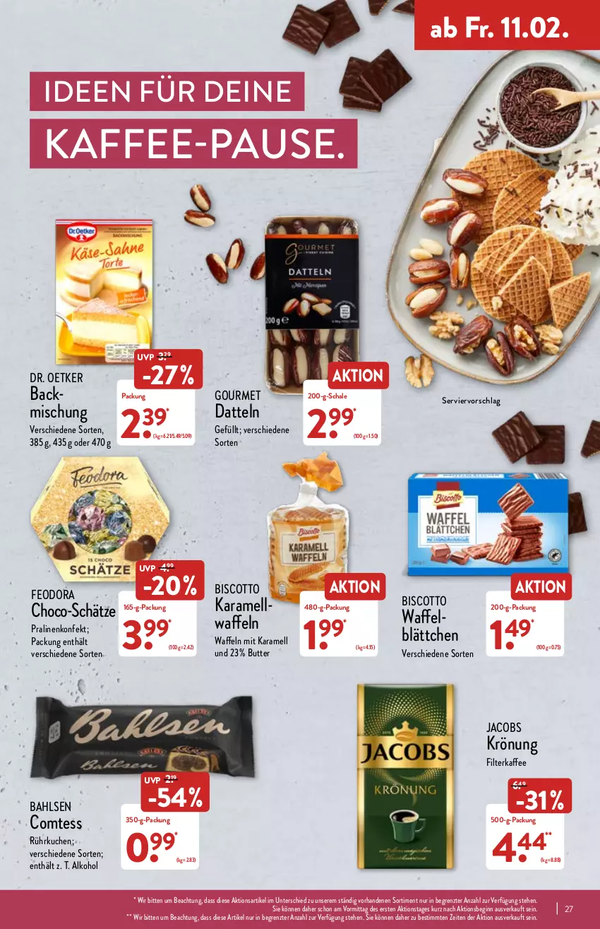 Aktueller Prospekt Aldi Nord - Aldi-Aktuell - von 07.02 bis 12.02.2022 - strona 27 - produkty: alkohol, backmischung, bahlsen, biscotto, butter, comtess, Datteln, Dr. Oetker, filterkaffee, gin, jacobs, jacobs krönung, kaffee, karamell, kuchen, pralinen, Schal, Schale, Ti, waffeln, ZTE