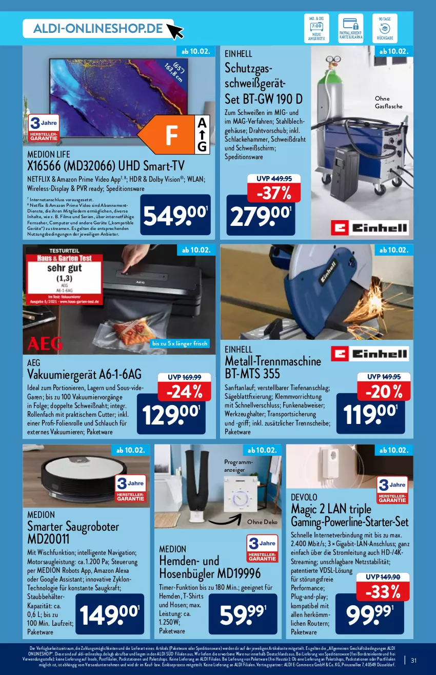 Aktueller Prospekt Aldi Nord - Aldi-Aktuell - von 07.02 bis 12.02.2022 - strona 31 - produkty: aeg, aldi, alexa, amazon alexa, angebot, angebote, aust, Behälter, computer, deo, devolo, Draht, einhell, eis, elle, ente, erde, fernseher, flasche, hemd, hemden, hose, hosen, Intel, kraft, lack, Lacke, LG, Liege, medion, netflix, pute, rel, Router, rwe, säge, Saugroboter, schlauch, shirt, shirts, Sport, T-Shirt, Ti, timer, tisch, uhd, werkzeug, Werkzeughalter