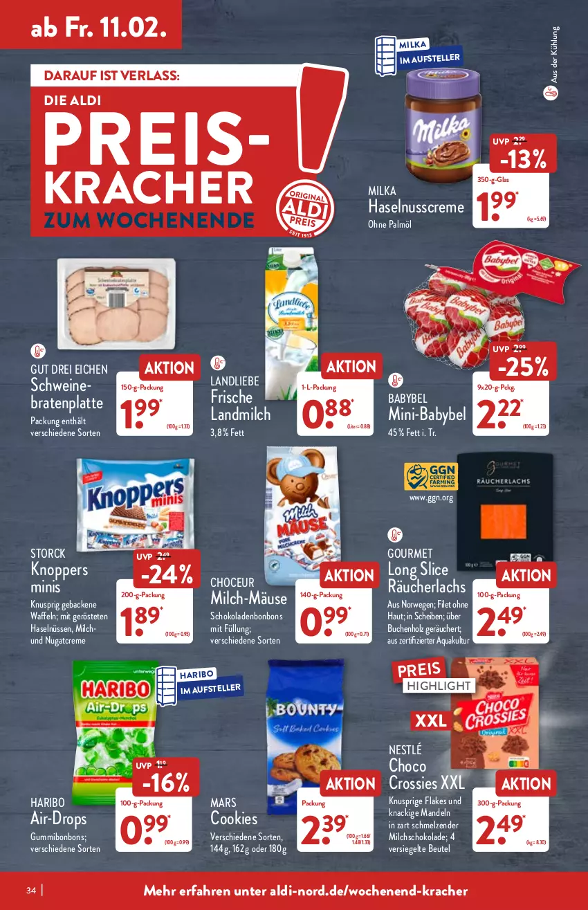 Aktueller Prospekt Aldi Nord - Aldi-Aktuell - von 07.02 bis 12.02.2022 - strona 34 - produkty: aldi, aqua, babybel, beutel, bonbons, braten, buch, cookie, cookies, creme, crossies, eis, elle, filet, flakes, geback, haribo, haselnuss, Haselnusscreme, Holz, knoppers, kracher, lachs, landliebe, landmilch, latte, mandel, mandeln, mars, milch, milka, nestlé, nuss, ohne palmöl, Räucherlachs, reis, rwe, schoko, schokolade, schokoladen, schwein, schweine, schweinebraten, storck, teller, Ti, waffeln, wein, weine