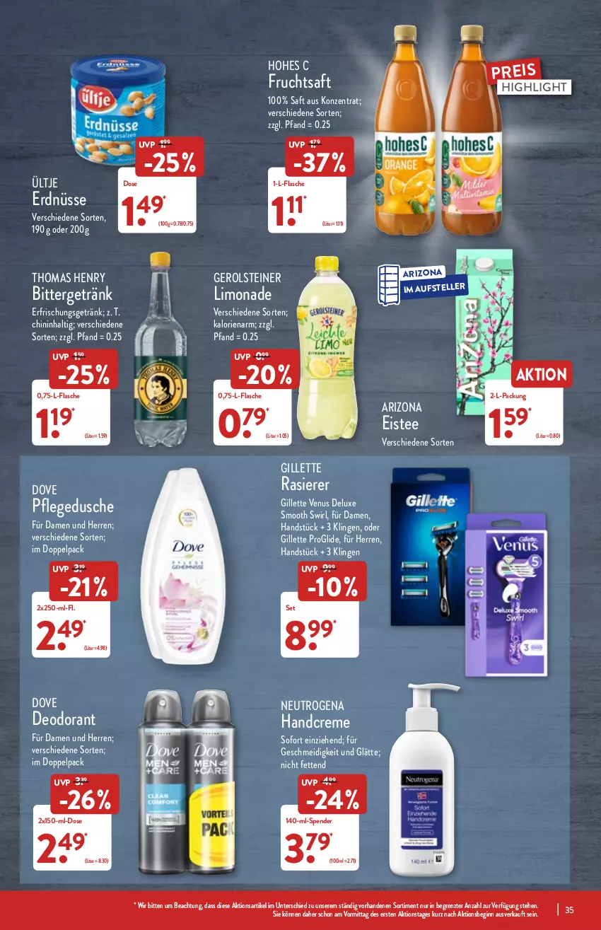 Aktueller Prospekt Aldi Nord - Aldi-Aktuell - von 07.02 bis 12.02.2022 - strona 35 - produkty: creme, deo, deodorant, dove, dusche, eis, eistee, elle, erdnüsse, erfrischungsgetränk, flasche, frucht, fruchtsaft, gerolsteine, gerolsteiner, getränk, gillette, gillette venus, gin, handcreme, Hohes C, limo, limonade, neutrogena, pflegedusche, rasierer, reis, saft, steiner, swirl, tee, teller, thomas henry, Ti, ültje, ültje erdnüsse, venus, ZTE