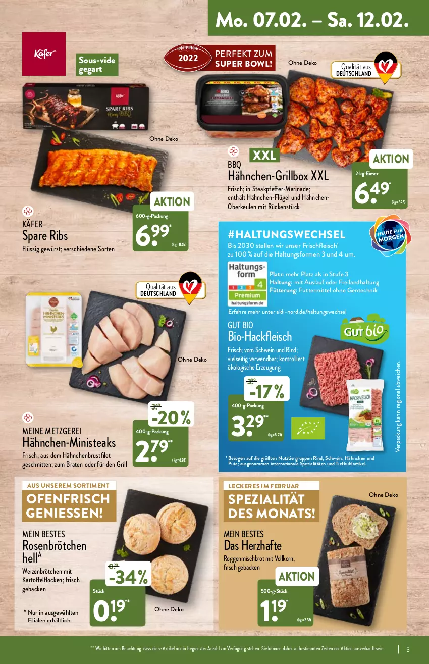 Aktueller Prospekt Aldi Nord - Aldi-Aktuell - von 07.02 bis 12.02.2022 - strona 5 - produkty: aldi, bio, Bio-Hackfleisch, braten, brot, brötchen, brustfilet, eimer, eis, elle, ente, filet, fleisch, geback, gewürz, grill, Grillbox, gsw, hackfleisch, hähnchenbrust, hähnchenbrustfilet, hella, käfer, kartoffel, korn, marinade, Ofen, pfeffer, pute, rind, rosen, rwe, schnitten, schwein, schwein und rind, spare ribs, Spezi, steak, steaks, Ti, trolli, vom schwein und rind, wein, weizenbrötchen, ZTE