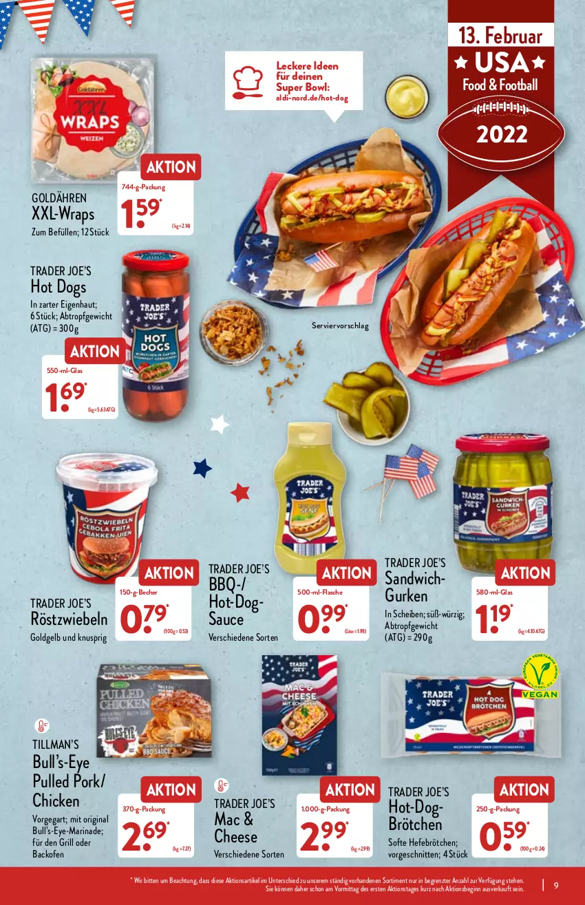 Aktueller Prospekt Aldi Nord - Aldi-Aktuell - von 07.02 bis 12.02.2022 - strona 9 - produkty: aldi, backofen, ball, Becher, brötchen, flasche, gin, grill, gurke, gurken, Hefe, hot dog, mac, marinade, Ofen, Pulled Pork, röstzwiebeln, sandwich, sauce, schnitten, Ti, wrap, wraps, ZTE, zwiebel, zwiebeln