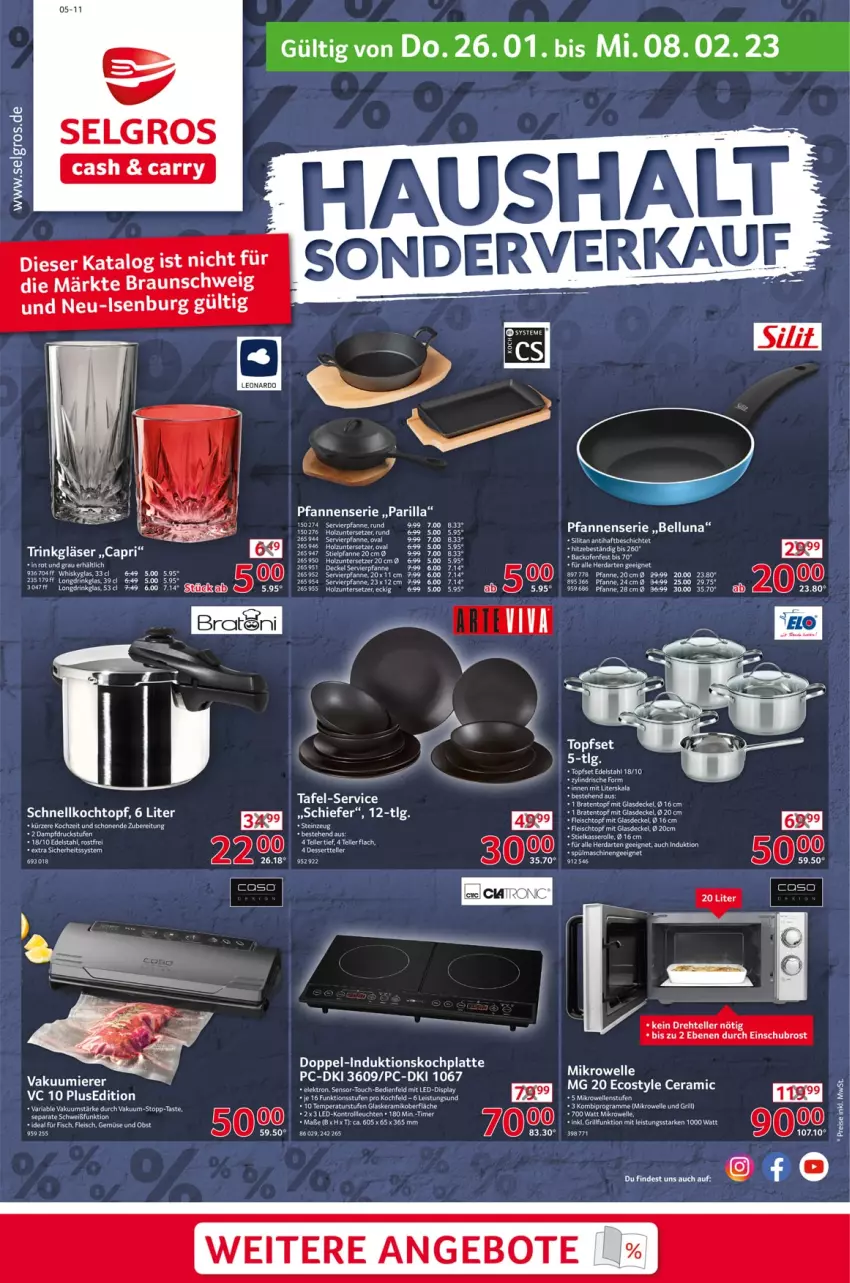 Aktueller Prospekt Selgros - Haushaltsonderverkauf - von 26.01 bis 08.02.2023 - strona 1 - produkty: angebot, angebote, braten, Bratentopf, braun, decke, Deckel, drink, edelstahl, eis, Elektro, elle, fisch, fleisch, Fleischtopf, Glasdeckel, Gläser, glaskeramik, grill, herdarten, Holz, HP, kochfeld, Kochtopf, latte, Leuchte, leuchten, LG, mikrowelle, obst, pfanne, pfannen, Ria, Schnellkochtopf, stielkasserolle, tee, Ti, timer, topf, Topfset, Untersetzer, Vakuumierer, whisky, Whiskyglas