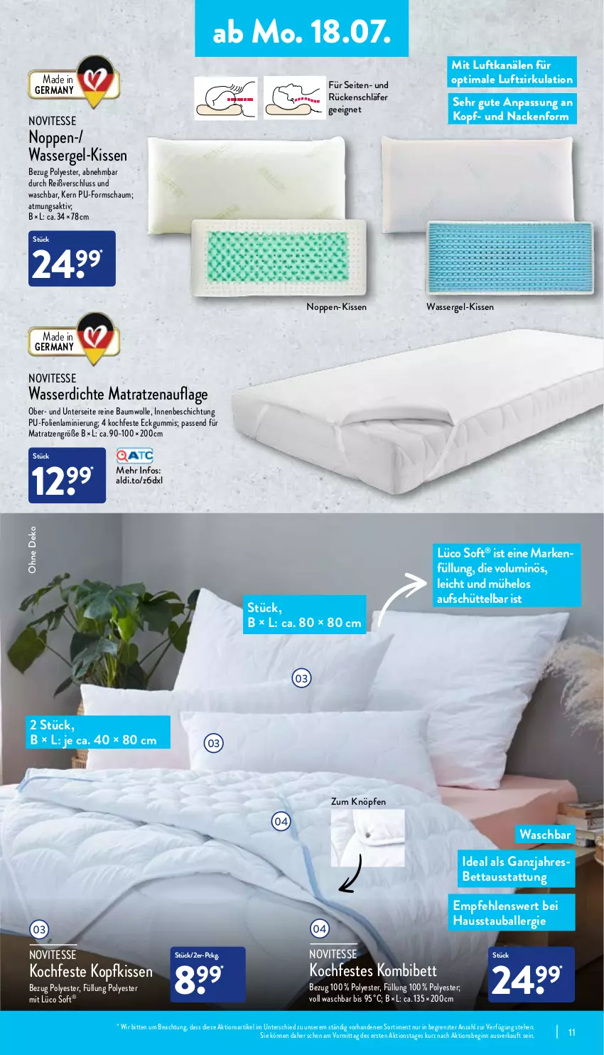 Aktueller Prospekt Aldi Nord - Aldi-Aktuell - von 18.07 bis 23.07.2022 - strona 11 - produkty: aldi, ball, Bau, baumwolle, bett, Ganzjahresbett, Germ, gin, kissen, kopfkissen, matratze, matratzen, matratzenauflage, reine baumwolle, Ti, wasser, wolle, ZTE