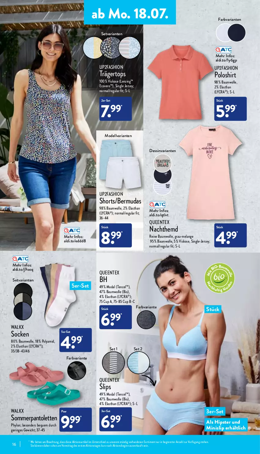 Aktueller Prospekt Aldi Nord - Aldi-Aktuell - von 18.07 bis 23.07.2022 - strona 16 - produkty: aldi, Bau, baumwolle, bermuda, bermudas, bio, dell, ecovero, Elan, ente, gin, hemd, Hylo, lenzing, Minislip, Mode, Nachthemd, pantolette, pantoletten, poloshirt, Queentex, reine baumwolle, Ria, ring, shirt, shorts, slip, slips, socken, Ti, up2fashion, walkx, wolle, ZTE