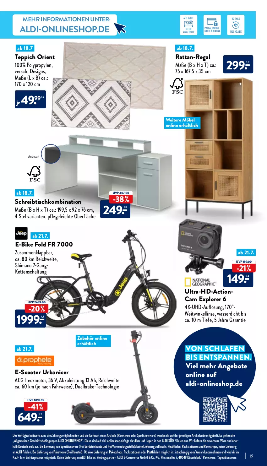 Aktueller Prospekt Aldi Nord - Aldi-Aktuell - von 18.07 bis 23.07.2022 - strona 19 - produkty: actioncam, aeg, akku, aldi, angebot, angebote, aust, E-Bike, eis, elle, erde, Kette, LG, Liege, möbel, regal, Ria, rwe, Schal, schreibtisch, Schreibtischkombination, scooter, shimano, teppich, Ti, tisch, uhd, wasser