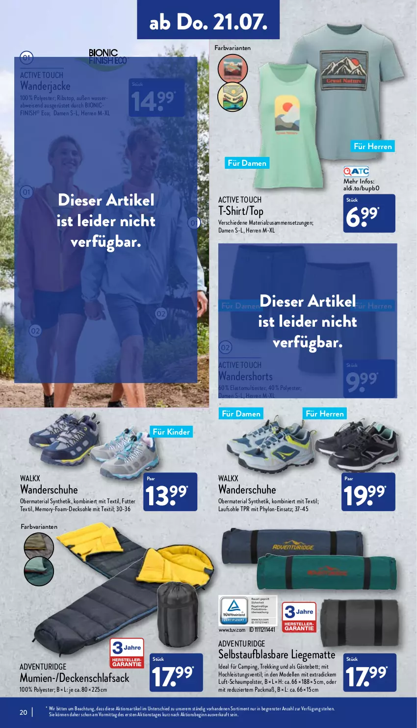 Aktueller Prospekt Aldi Nord - Aldi-Aktuell - von 18.07 bis 23.07.2022 - strona 20 - produkty: active touch, aldi, bett, bio, decke, decksohle, dell, eis, elle, Finish, Gästebett, gin, Hylo, Jacke, Kinder, Liege, Mode, obermaterial synthetik, Ria, sac, schlafsack, schuhe, shirt, shorts, T-Shirt, Ti, walkx, Wanderjacke, Wanderschuhe, wasser, ZTE