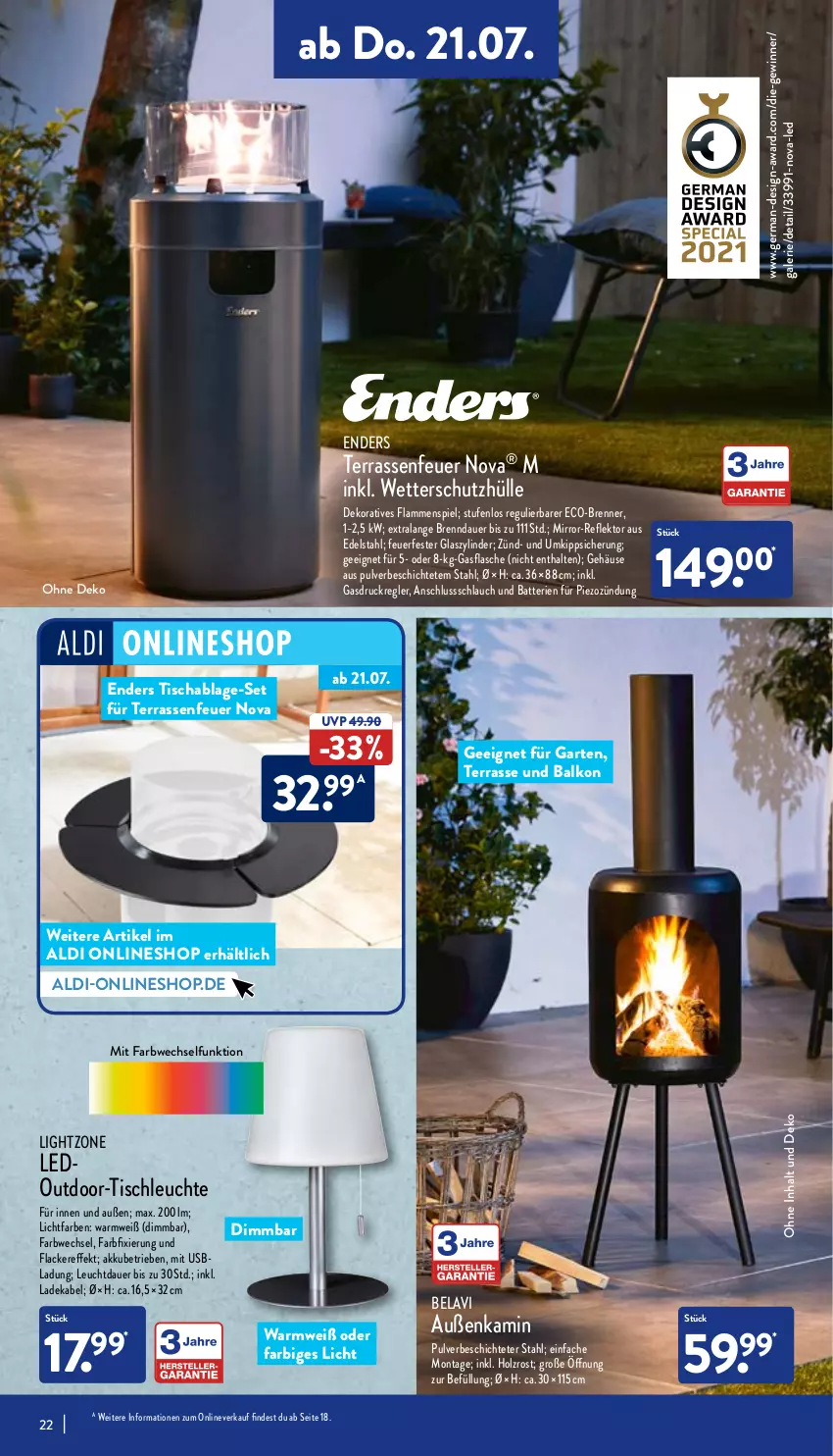 Aktueller Prospekt Aldi Nord - Aldi-Aktuell - von 18.07 bis 23.07.2022 - strona 22 - produkty: akku, aldi, auer, batterie, batterien, deka, edelstahl, enders, flasche, Garten, Germ, Holz, Kamin, lack, Lacke, ladekabel, lamm, Leuchte, lightzone, schlauch, schutzhülle, senf, Ti, tisch, tischleuchte, usb