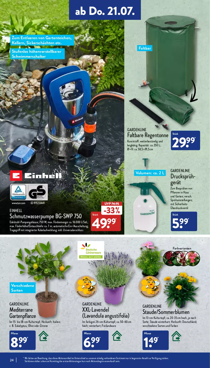 Aktueller Prospekt Aldi Nord - Aldi-Aktuell - von 18.07 bis 23.07.2022 - strona 24 - produkty: auto, blume, blumen, Blüte, Brei, edelstahl, einhell, elle, ente, Garten, Gartenpflanze, gin, kulturtopf, lavendel, olive, pflanze, pflanzen, Ria, Schal, Ti, tisch, topf, tragegriff, wasser, WICK, zitrone, ZTE