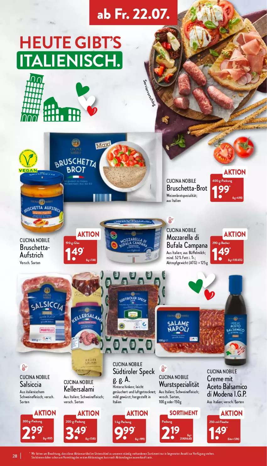 Aktueller Prospekt Aldi Nord - Aldi-Aktuell - von 18.07 bis 23.07.2022 - strona 28 - produkty: aceto, aceto balsamico, aufstrich, balsam, balsamico, Becher, brot, cin, creme, di bufala, eis, elle, flasche, fleisch, gewürz, gin, Heu, hinterschinken, milch, Mode, mozzarella, rel, salami, salsiccia, schinken, schwein, schweine, schweinefleisch, Speck, Spezi, südtiroler, Ti, wein, weine, Weizenbrot, wurst, ZTE