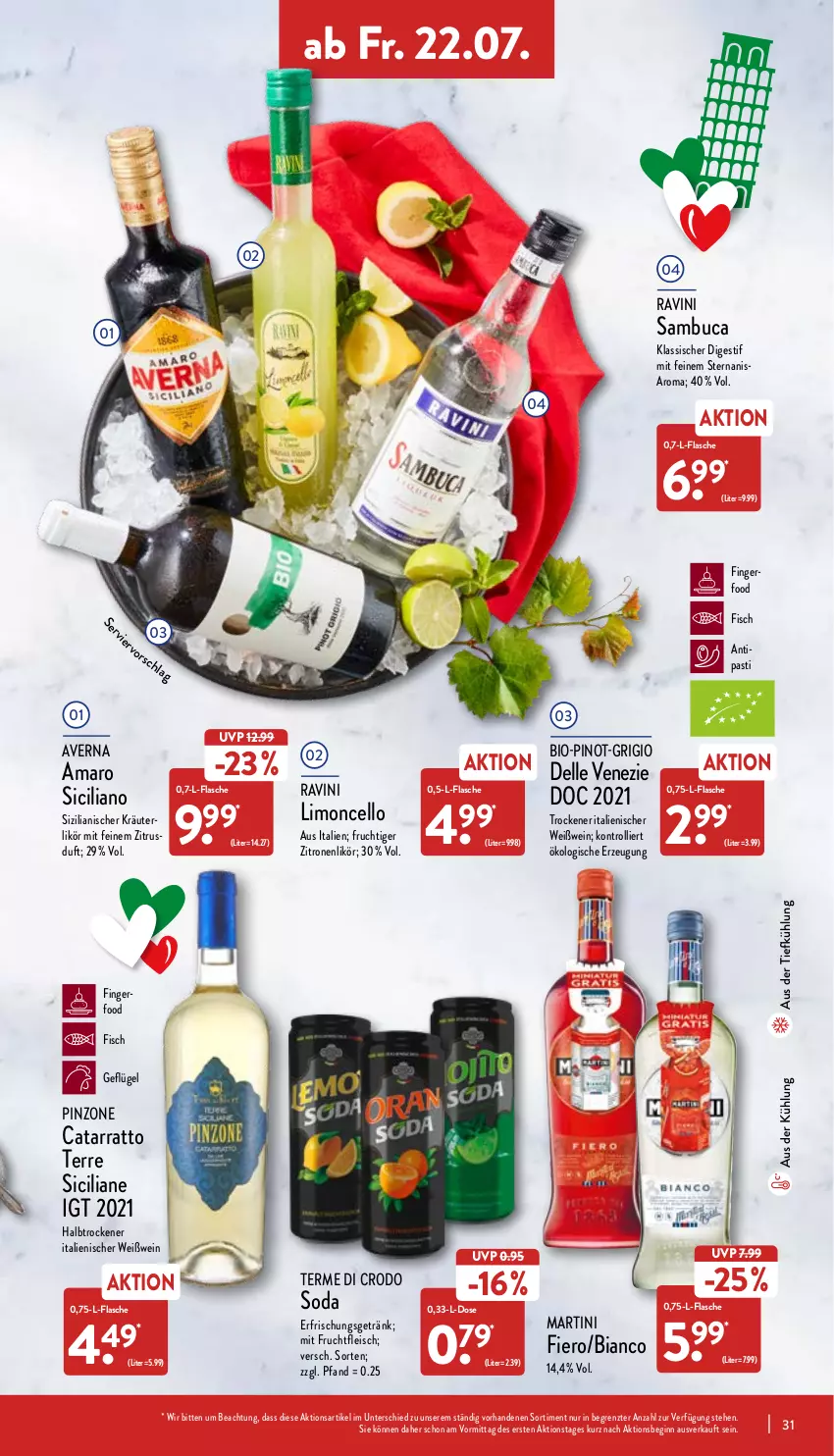 Aktueller Prospekt Aldi Nord - Aldi-Aktuell - von 18.07 bis 23.07.2022 - strona 31 - produkty: amaro, asti, aus der tiefkühlung, averna, bio, dell, eis, elle, erfrischungsgetränk, fisch, flasche, fleisch, frucht, fruchtfleisch, Geflügel, getränk, gin, kräuter, likör, limo, martini, mit frucht, Pinot, sambuca, saro, Soda, Ti, trolli, wein, Weißwein, zitrone, zitronen, ZTE