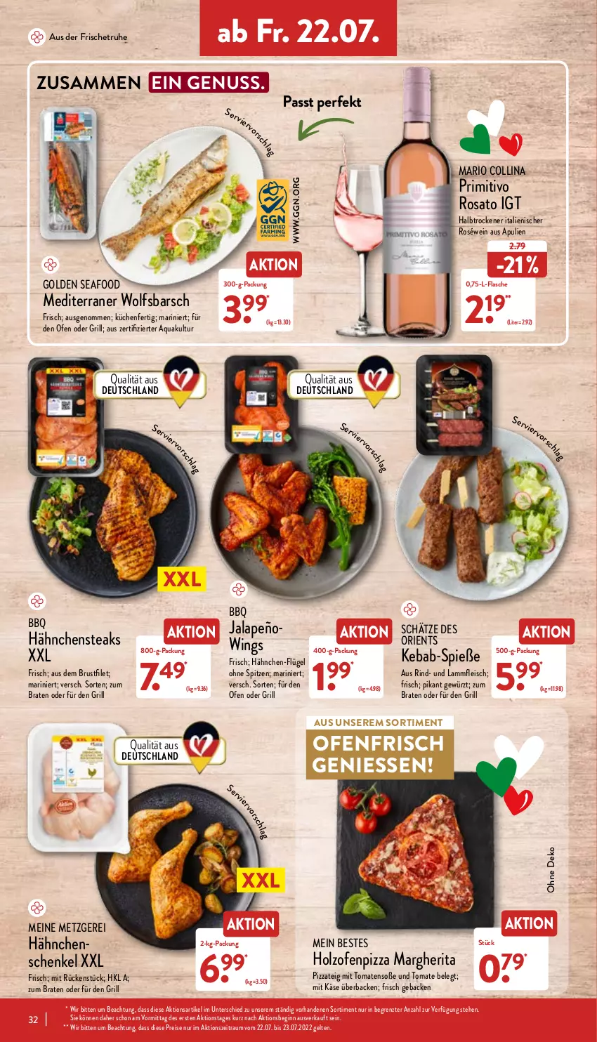 Aktueller Prospekt Aldi Nord - Aldi-Aktuell - von 18.07 bis 23.07.2022 - strona 32 - produkty: aqua, braten, brustfilet, eis, filet, flasche, fleisch, geback, gewürz, gin, grill, hähnchenschenkel, Hähnchensteak, hähnchensteaks, henkel, Holz, jalapeño, Käse, küche, Küchen, lamm, Lammfleisch, margherita, nuss, Ofen, pizza, Pizzateig, primitivo, reis, rind, rosato, roséwein, schenkel, Soße, steak, steaks, Ti, tomate, tomaten, wein, wolfsbarsch, ZTE