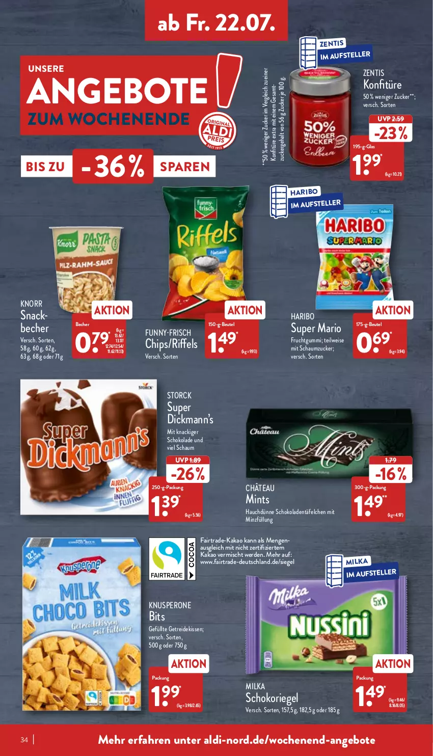 Aktueller Prospekt Aldi Nord - Aldi-Aktuell - von 18.07 bis 23.07.2022 - strona 34 - produkty: aldi, angebot, angebote, Becher, beutel, chips, eis, elle, erde, frucht, fruchtgummi, funny-frisch, haribo, kakao, kissen, knorr, konfitüre, konfitüre extra, milka, mint, riegel, Schaumzucker, schoko, schokolade, schokoladen, schokoriegel, snack, storck, teller, Ti, zentis, zucker