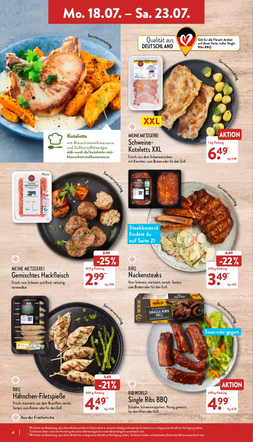 Aktueller Prospekt Aldi Nord - Aldi-Aktuell - von 18.07 bis 23.07.2022 - strona 4 - produkty: aldi, besteck, braten, brustfilet, eis, filet, filets, fleisch, gewürz, gin, grill, hackfleisch, kaes, kartoffel, Käse, kotelett, Nackensteak, nackensteaks, Ofen, reifen, rind, rwe, sauce, schwein, schwein und rind, schweine, schweinekotelett, schweinerücken, steak, steakbesteck, steaks, Ti, vom schwein und rind, wedges, wein, weine, ZTE