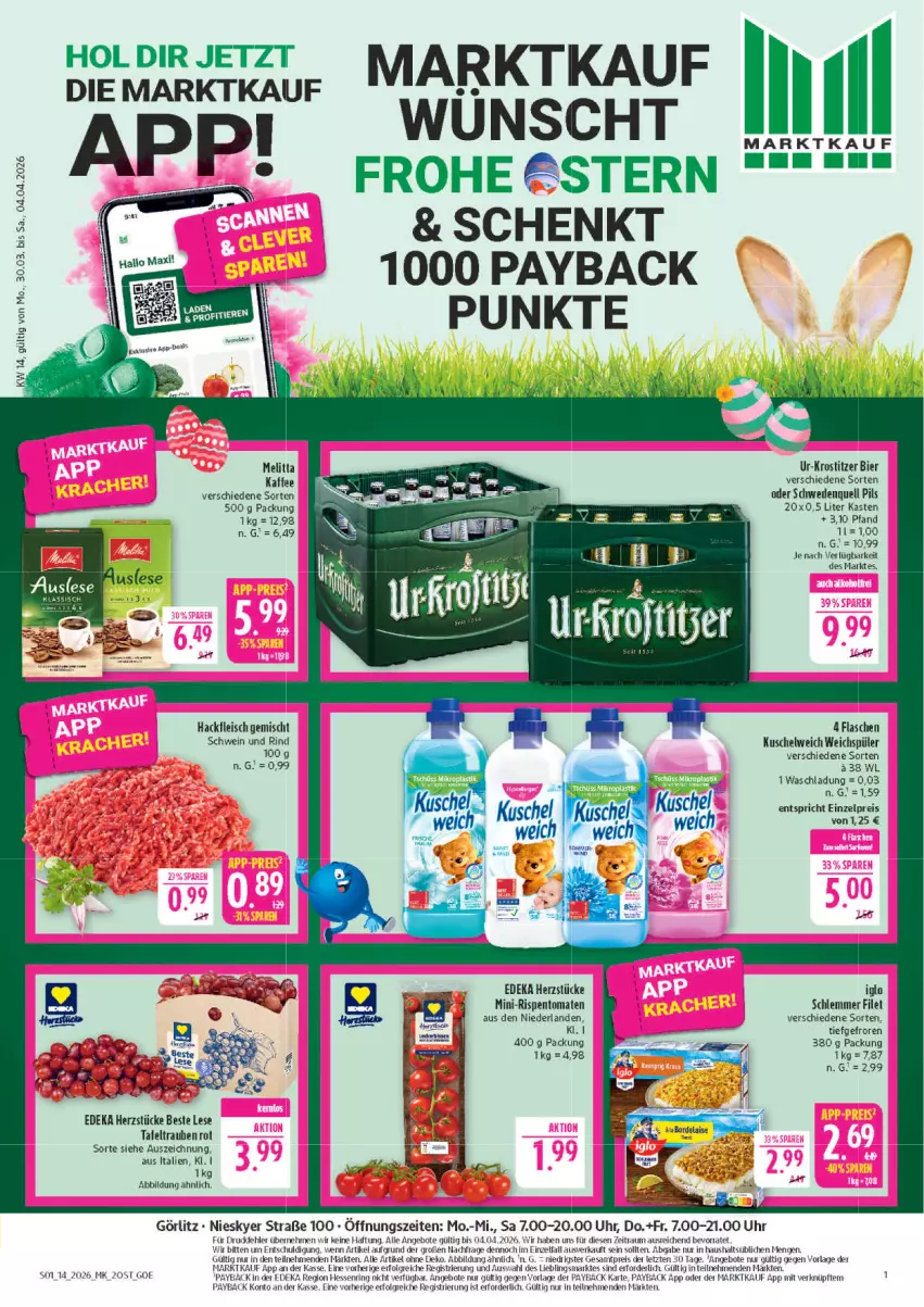 Aktueller Prospekt Marktkauf - Prospekt - von 29.03 bis 04.04.2026 - strona 1 - produkty: angebot, angebote, bier, deka, eis, filet, flasche, fleisch, hackfleisch, hackfleisch gemischt, iglo, Kuschelweich, LG, melitta, mini-rispentomaten, payback, pils, reis, rind, ring, rispentomaten, schwein, schwein und rind, Ti, tomate, tomaten, trauben, uhr, weichspüler, wein