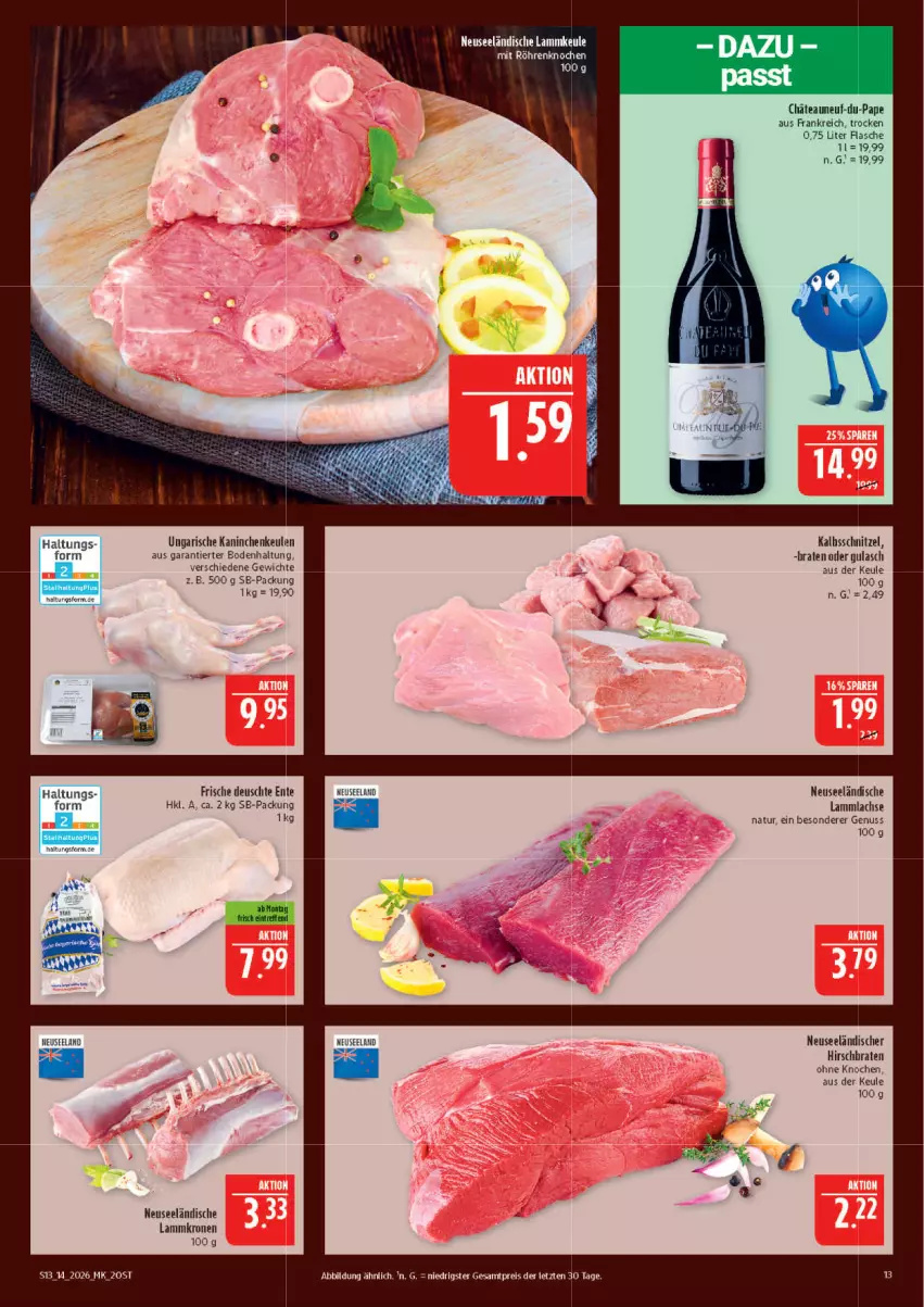 Aktueller Prospekt Marktkauf - Prospekt - von 29.03 bis 04.04.2026 - strona 13 - produkty: braten, eis, Elan, ente, flasche, gulasch, kalbsschnitzel, Kaninchenkeule, krone, lachs, lamm, lammkeule, Lammkrone, lammlachse, natur, nuss, reis, schnitzel, Ti, ZTE