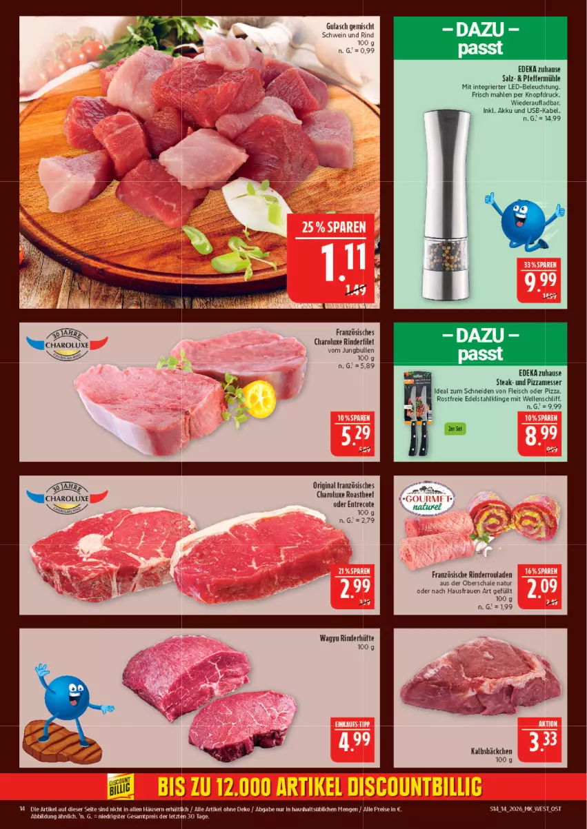 Aktueller Prospekt Marktkauf - Prospekt - von 29.03 bis 04.04.2026 - strona 14 - produkty: akku, beleuchtung, deka, discount, edelstahl, eis, elle, fleisch, gin, gulasch, jungbullen, led-beleuchtung, messer, natur, pizza, reis, rind, rinder, Rinderhüfte, Rinderroulade, rinderrouladen, rouladen, salz, Schal, Schale, schwein, schwein und rind, steak, Ti, usb, wein, ZTE
