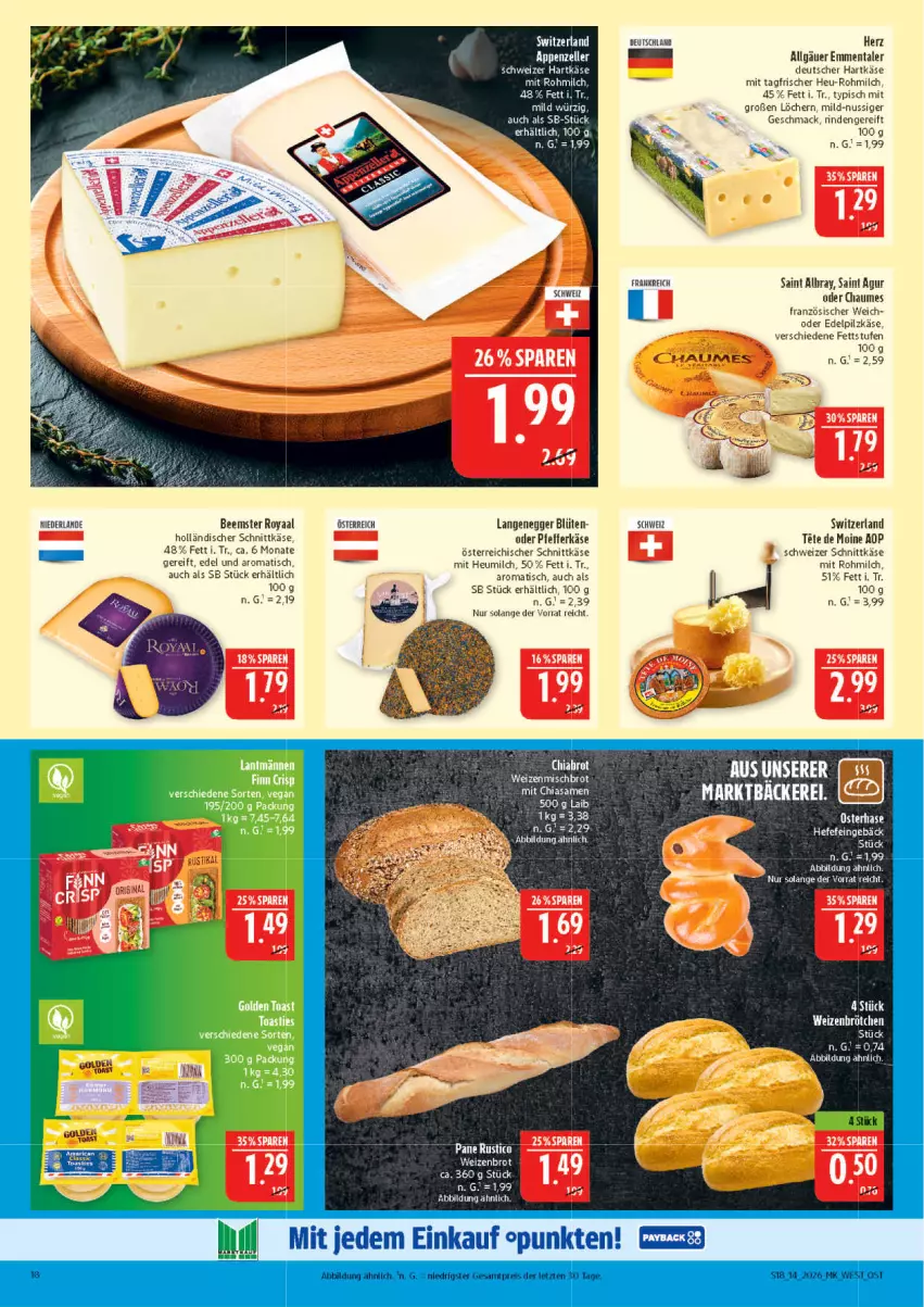 Aktueller Prospekt Marktkauf - Prospekt - von 29.03 bis 04.04.2026 - strona 18 - produkty: albray, appenzeller, Beemster, Blüte, brie, brot, chaumes, Egger, eis, elle, emmentaler, hartkäse, Hefe, Heu, heumilch, holländischer schnittkäse, Käse, LG, mac, milch, nuss, österreichischer schnittkäse, pfeffer, reis, rind, Saint Agur, saint albray, schnittkäse, schweizer hartkäse, schweizer schnittkäse, tee, Ti, tisch, weizenmischbrot, ZTE