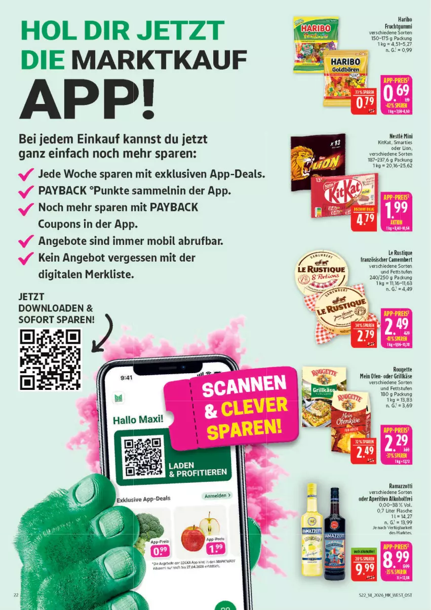 Aktueller Prospekt Marktkauf - Prospekt - von 29.03 bis 04.04.2026 - strona 22 - produkty: angebot, angebote, bio, camembert, coupon, coupons, deka, flasche, frucht, fruchtgummi, grill, Grillkäse, haribo, Käse, kitkat, Le Rustique, LG, lion, Ofen, payback, rama, ramazzott, ramazzotti, rouge, smarties, Ti, Tiere, zott