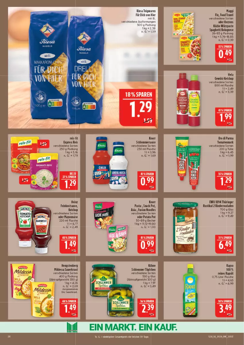 Aktueller Prospekt Marktkauf - Prospekt - von 29.03 bis 04.04.2026 - strona 24 - produkty: auer, Becher, bolognese, eis, feinkost, flasche, gewürz, heinz, Hela, hengstenberg, ketchup, knorr, knorr pasta, Kraut, küche, Kühne, maggi, maggi fix, mayonnaise, oro di parma, pasta, rapso, rapsöl, reines rapsöl, reis, reis-fit, riesa, rind, rinder, Rinderroulade, rinderrouladen, ring, rouladen, sauce, Sauerkraut, schlemmersauce, snack, spaghetti, spaghetti bolognese, teigwaren, Ti, tomate, tomaten, tomatenmark, Töpfchen, Yo, ZTE