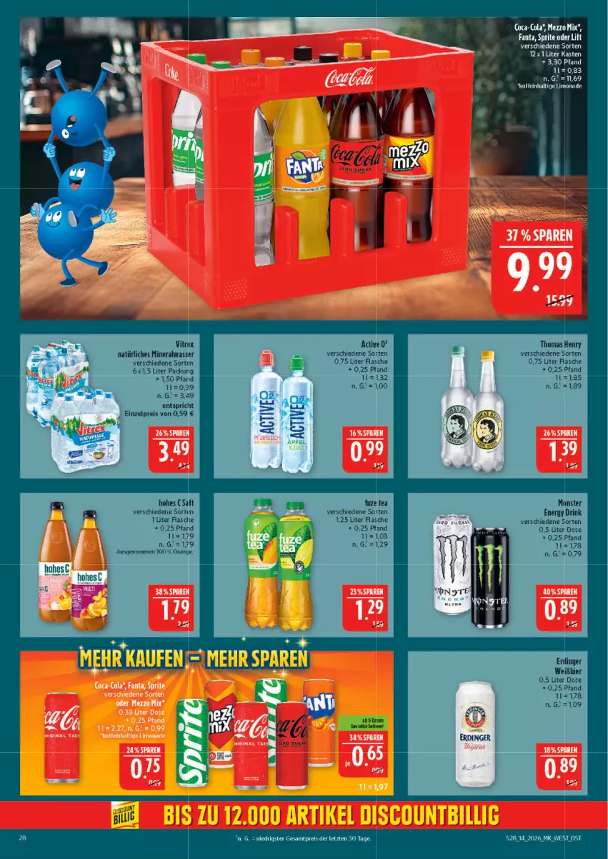 Aktueller Prospekt Marktkauf - Prospekt - von 29.03 bis 04.04.2026 - strona 28 - produkty: Alwa, bier, coca-cola, cola, drink, eis, energy drink, erdinger, fanta, flasche, fuze tea, Hohes C, limo, limonade, mineralwasser, monster, Monster Energy, natürliches mineralwasser, orange, reis, saft, sprite, tee, thomas henry, Ti, vitrex, wasser