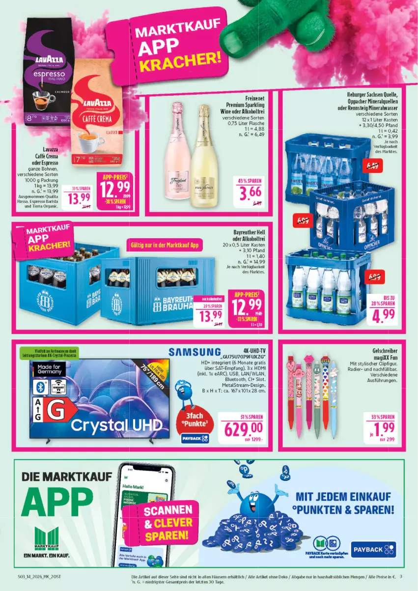 Aktueller Prospekt Marktkauf - Prospekt - von 29.03 bis 04.04.2026 - strona 3 - produkty: alkohol, Alwa, bohne, bohnen, burger, eis, elle, espresso, flasche, freixenet, Germ, HDMI, lavazza, mineralwasser, reis, sac, Samsung, Ti, uhd, UHD-TV, usb, wasser, ZTE