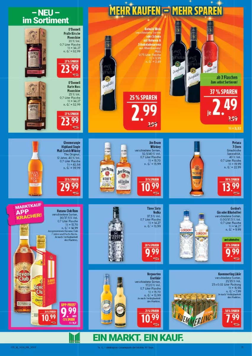 Aktueller Prospekt Marktkauf - Prospekt - von 29.03 bis 04.04.2026 - strona 31 - produkty: alkohol, eier, eierlikör, flasche, gin, gordon, gordon's, Havana Club, jim beam, kirsch, kirsche, kuemmerling, likör, merl, Metaxa, nuss, rum, scotch, scotch whisky, single malt, Spezi, Three Sixty, Ti, Tiere, Toner, verpoorten, whiskey, whisky