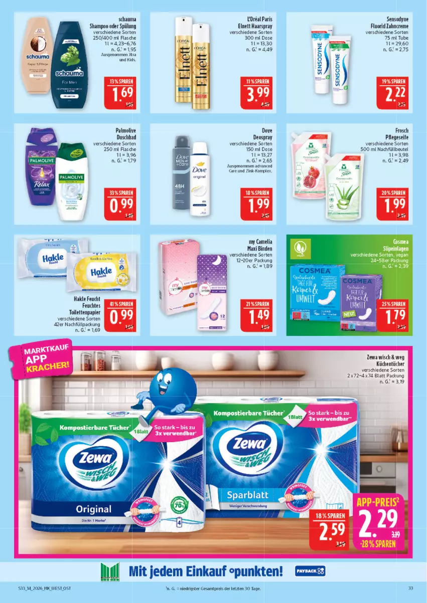 Aktueller Prospekt Marktkauf - Prospekt - von 29.03 bis 04.04.2026 - strona 33 - produkty: Bad, beutel, binden, camelia, creme, deo, deospray, dove, duschbad, eis, elnett, feuchtes toilettenpapier, flasche, Frosch, haarspray, hakle, küche, Küchen, küchentücher, olive, palmolive, papier, reis, schauma, schauma shampoo, Seife, sensodyne, sensodyne fluorid, shampoo, shampoo oder spülung, spülung, toilettenpapier, tücher, zahncreme, zewa, ZTE