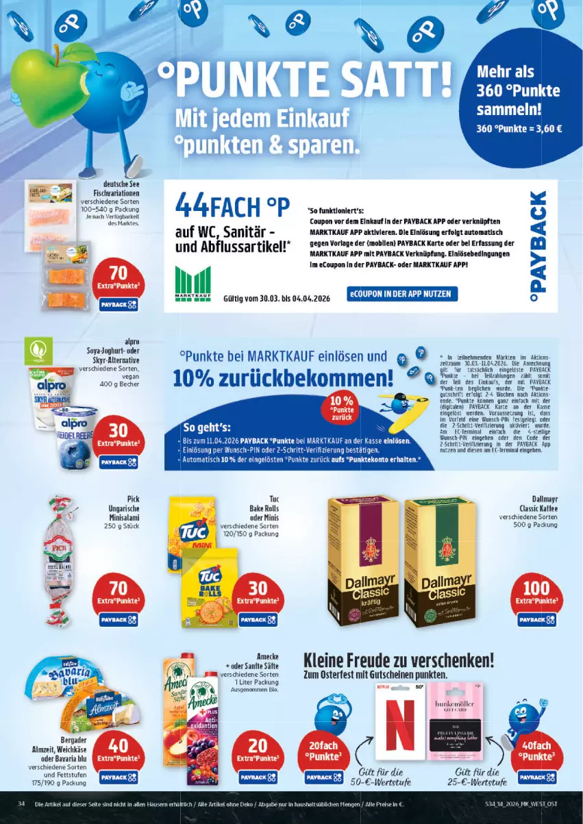 Aktueller Prospekt Marktkauf - Prospekt - von 29.03 bis 04.04.2026 - strona 34 - produkty: alpro, amecke, auto, bavaria blu, Becher, bergader, bio, coupon, dallmayr, eis, erde, fisch, gutschein, gutscheine, kaffee, Käse, leine, LG, payback, reis, Ria, säfte, salami, tee, Ti, tisch, tuc, weichkäse