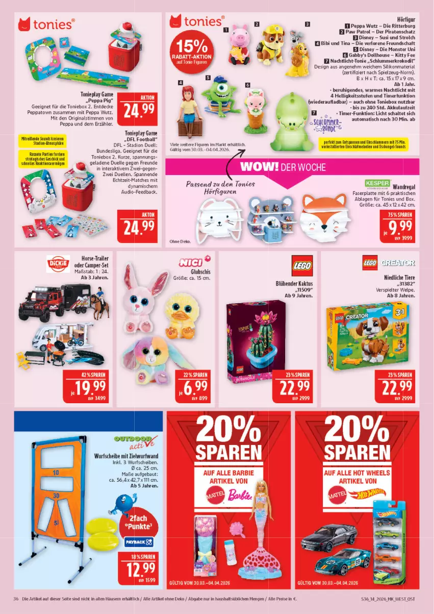 Aktueller Prospekt Marktkauf - Prospekt - von 29.03 bis 04.04.2026 - strona 36 - produkty: akku, auto, ball, Bau, decke, disney, eier, eis, elle, gin, latte, miele, monster, Nachtlicht, Paw Patrol, Peppa Pig, regal, reis, Ria, ritter, SANTE, Schal, spielzeug, Ti, Tiere, timer, tisch, Toniebox, wandregal