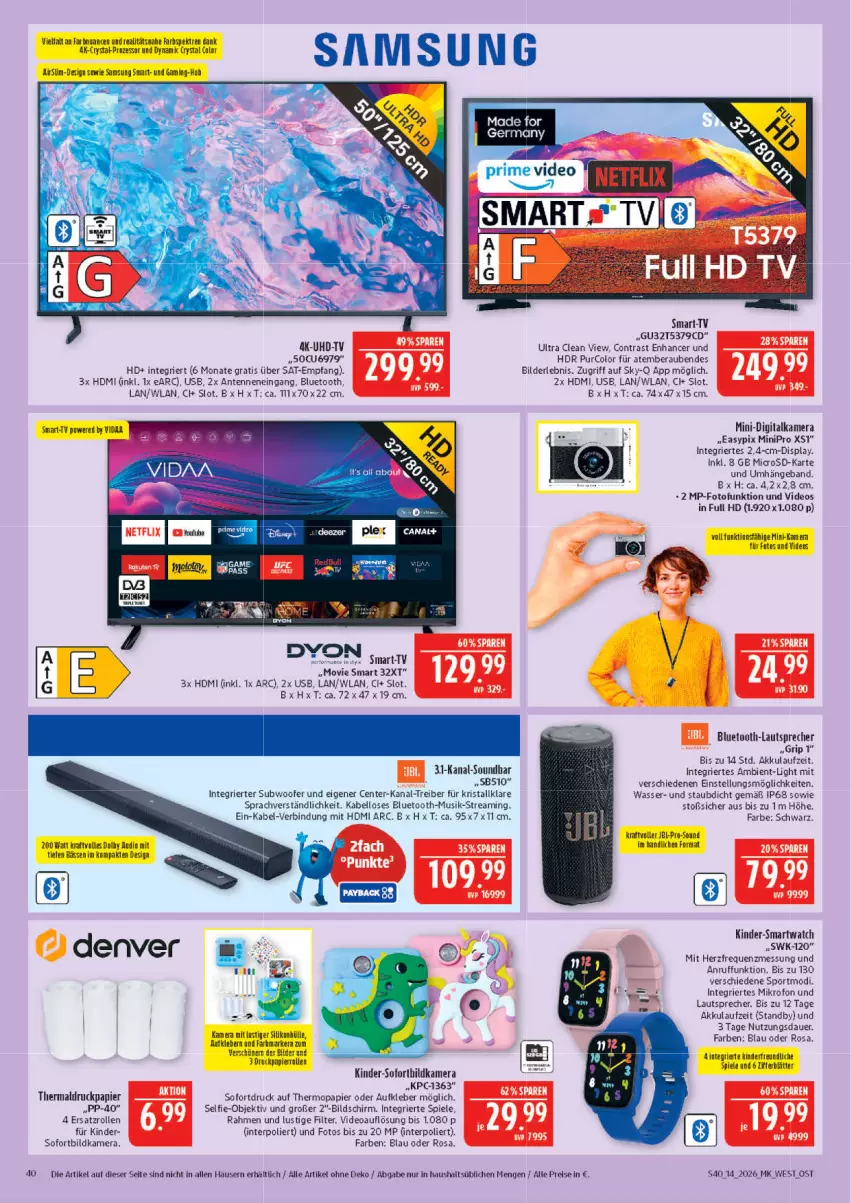 Aktueller Prospekt Marktkauf - Prospekt - von 29.03 bis 04.04.2026 - strona 40 - produkty: akku, auer, Aufkleber, bluetooth-lautsprecher, deo, digitalkamera, eis, ente, Germ, HDMI, jbl, kamera, Kinder, kleber, kraft, lautsprecher, Lusti, microsd, Nuance, papier, reis, rum, Samsung, smartwatch, soundbar, Spiele, Sport, Subwoofer, Ti, Tofu, uhd, UHD-TV, usb, wasser, wolle, Yo