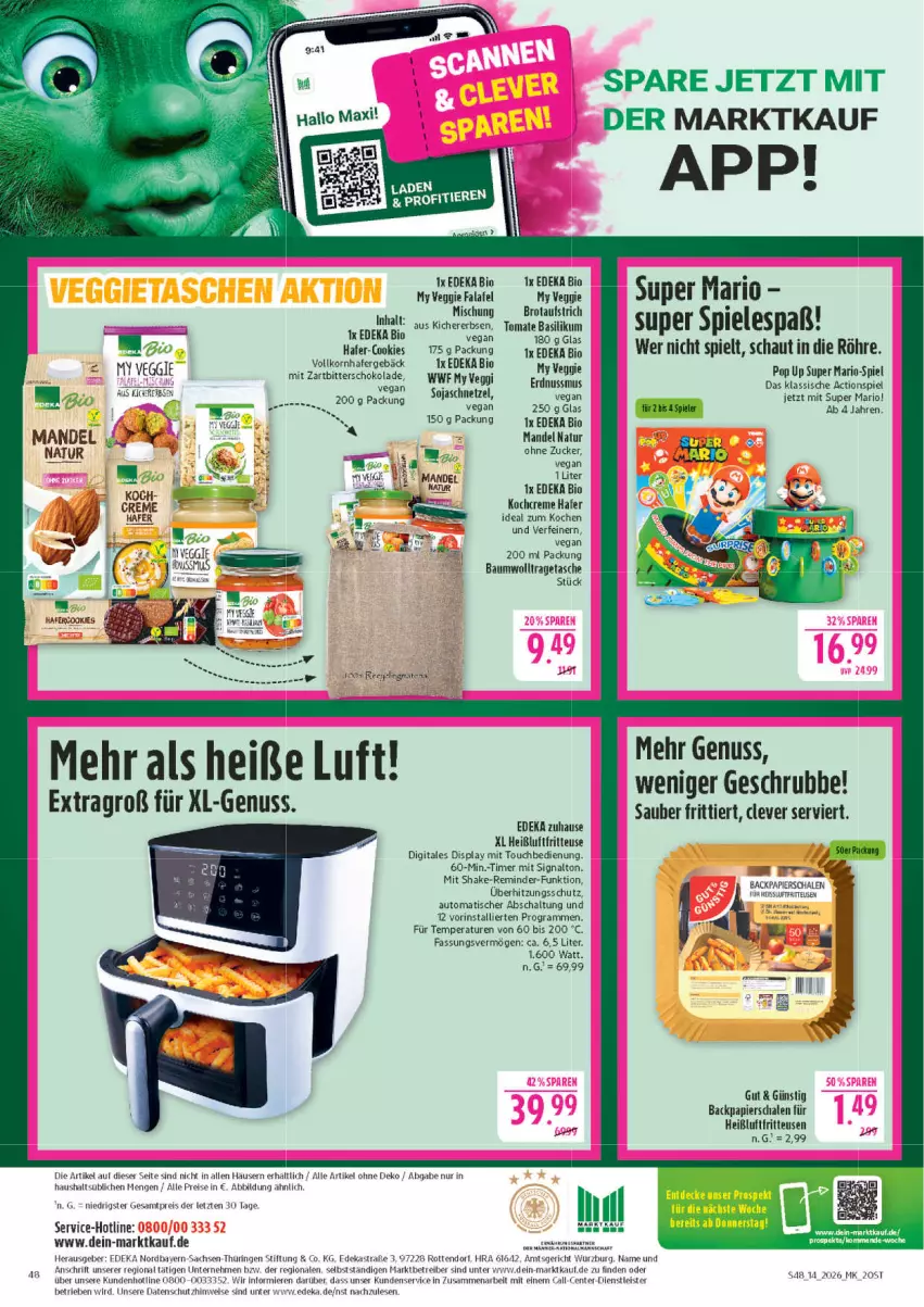 Aktueller Prospekt Marktkauf - Prospekt - von 29.03 bis 04.04.2026 - strona 48 - produkty: Astra, aufstrich, auto, basilikum, Bau, bio, brot, brotaufstrich, cookie, cookies, creme, deka, edeka bio, eis, ente, erbsen, Falafel, fritteuse, hafer, Heißluftfritteuse, kichererbsen, Kochcreme, korn, mandel, natur, nuss, papier, reis, ring, sac, Schal, Schale, shake, Signal, soja, Tasche, tesa, Ti, timer, tisch, tomate, tragetasche, überhitzungsschutz, veggie, ZTE, zucker