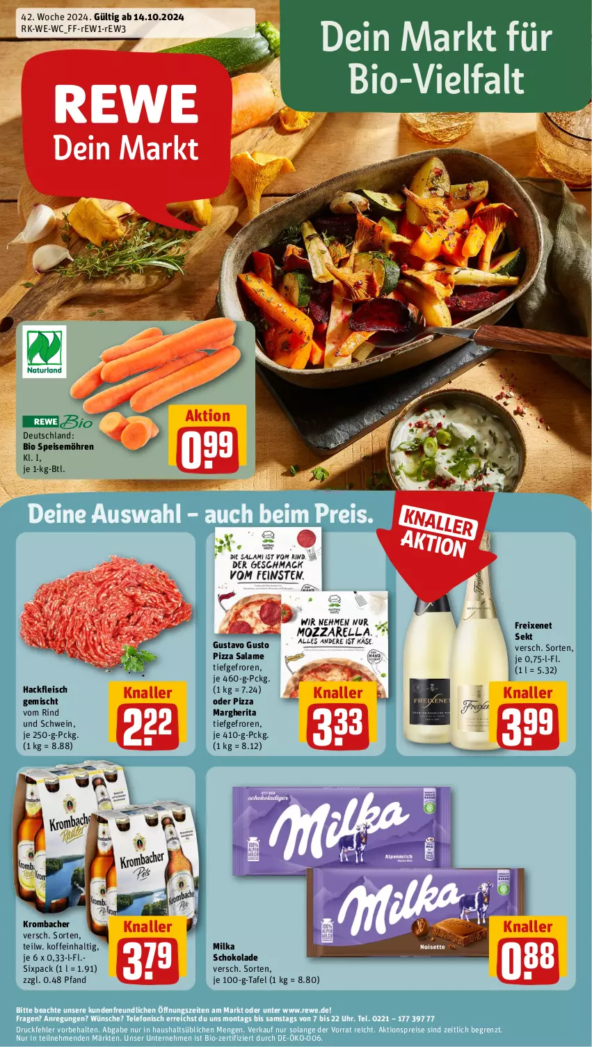 Aktueller Prospekt Rewe - Prospekte - von 14.10 bis 19.10.2024 - strona 1 - produkty: aktionspreis, bio, eis, fleisch, freixenet, hackfleisch, hackfleisch gemischt, krombache, krombacher, margherita, milka, milka schokolade, möhren, pizza, pizza salame, reis, rind, schoko, schokolade, schwein, sekt, speisemöhren, telefon, Ti, uhr, wein