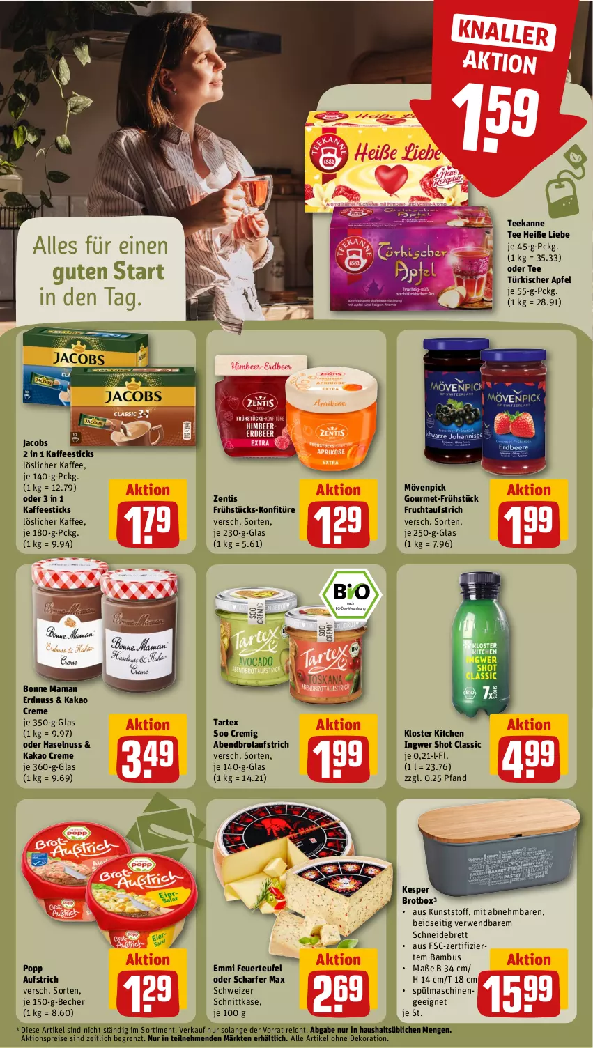 Aktueller Prospekt Rewe - Prospekte - von 14.10 bis 19.10.2024 - strona 12 - produkty: aktionspreis, alle artikel ohne dekoration, apfel, aufstrich, bambus, Becher, bonne maman, brot, brotaufstrich, creme, dekoration, eis, emmi, erdnuss, frucht, fruchtaufstrich, haselnuss, ingwer, jacobs, kaffee, kakao, Käse, kesper, konfitüre, löslicher kaffee, mam, mövenpick, nuss, Popp, reis, rwe, schneidebrett, schnittkäse, schweizer schnittkäse, spülmaschinen, tee, teekanne, Ti, zentis