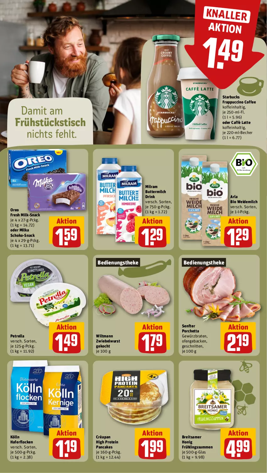 Aktueller Prospekt Rewe - Prospekte - von 14.10 bis 19.10.2024 - strona 13 - produkty: arla, Becher, bio, braten, Brei, butter, buttermilch, caffè latte, cin, drink, geback, gewürz, hafer, haferflocken, honig, kölln, latte, milch, milka, milram, Ofen, oreo, petrella, rel, schnitten, schoko, senf, snack, starbucks, Ti, tisch, weidemilch, wiltmann, wurst, zwiebel