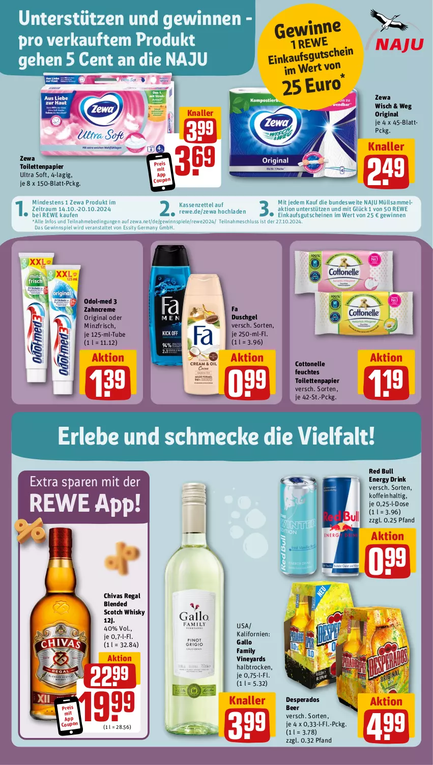 Aktueller Prospekt Rewe - Prospekte - von 14.10 bis 19.10.2024 - strona 14 - produkty: blended scotch, blended scotch whisky, cottonelle, coupon, creme, desperados, drink, duschgel, eis, elle, energy drink, fa duschgel, feuchtes toilettenpapier, gallo, gallo family, Germ, gewinnspiel, gin, gutschein, gutscheine, Odol, Odol-med 3, papier, red bull, regal, reis, scotch, scotch whisky, Spiele, Ti, toilettenpapier, whisky, zahncreme, zewa