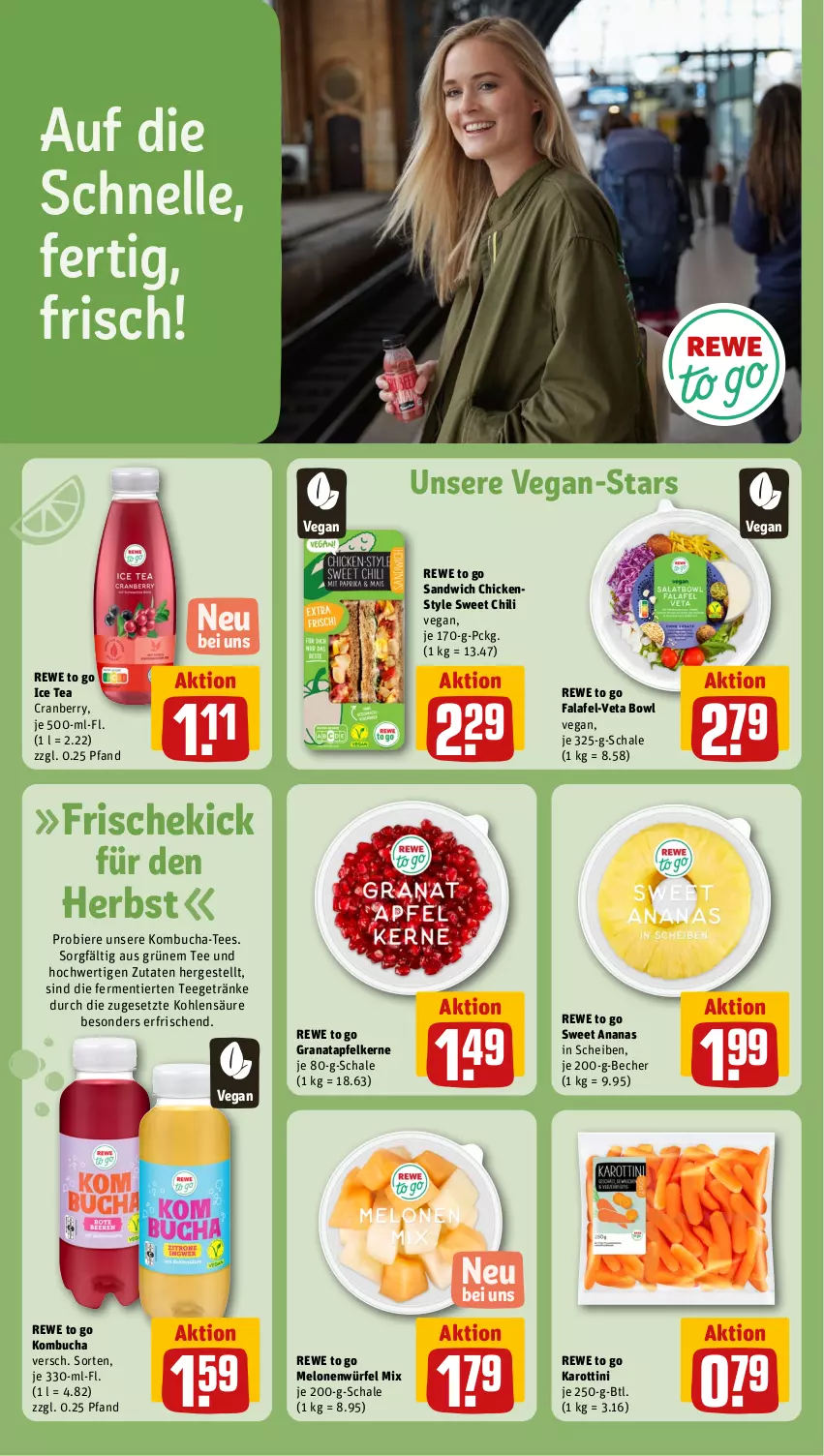 Aktueller Prospekt Rewe - Prospekte - von 14.10 bis 19.10.2024 - strona 16 - produkty: ananas, apfel, Becher, bier, Biere, buch, chili, cranberry, elle, Falafel, getränk, getränke, grana, granatapfel, granatapfelkerne, ice tea, melone, melonen, Rana, sandwich, Schal, Schale, sweet ananas, tee, Ti, würfel, ZTE