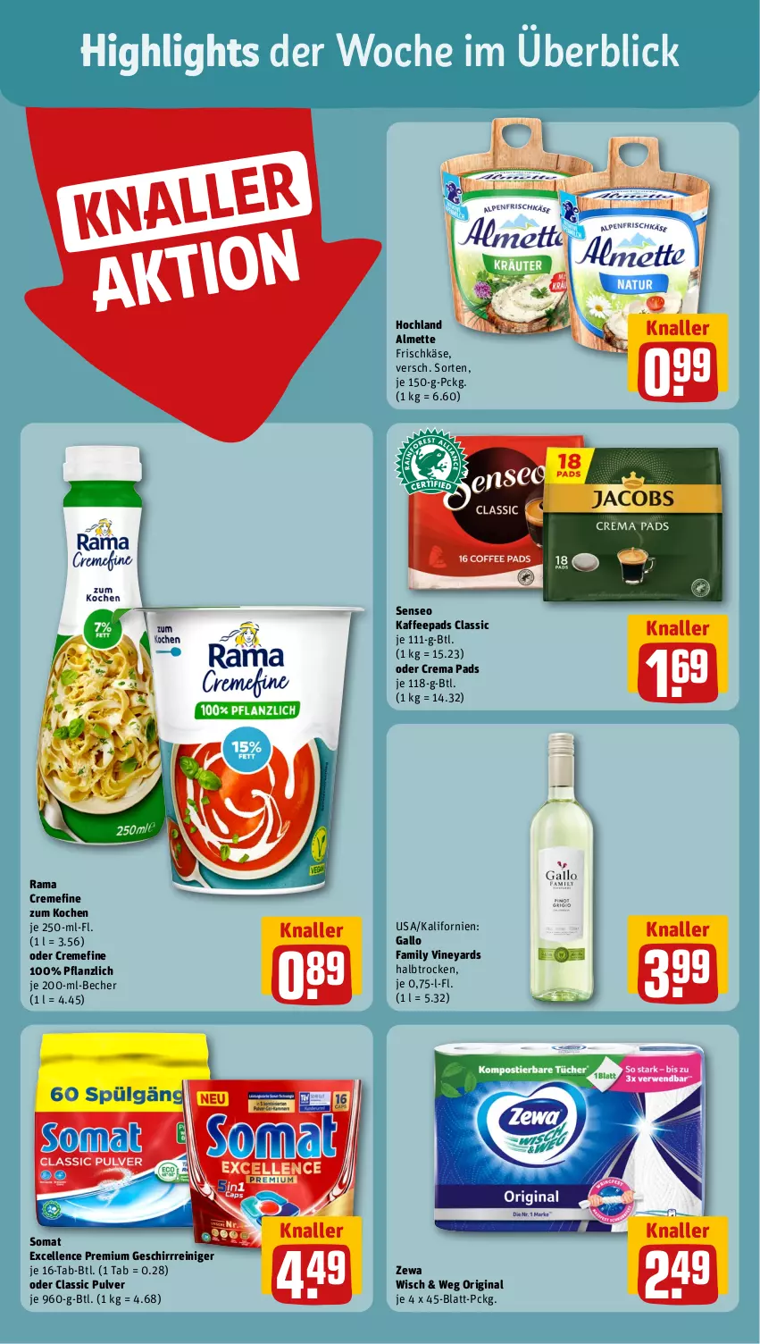 Aktueller Prospekt Rewe - Prospekte - von 14.10 bis 19.10.2024 - strona 2 - produkty: almette, Becher, crema pads, creme, elle, frischkäse, gallo, gallo family, geschirr, gin, hochland, kaffee, kaffeepads, Käse, Mett, rama, rama cremefine, reiniger, senseo, somat, zewa