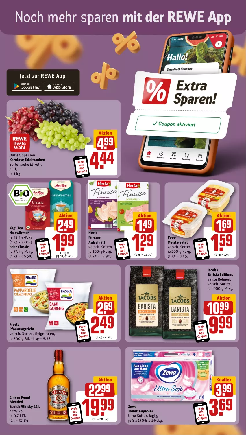 Aktueller Prospekt Rewe - Prospekte - von 14.10 bis 19.10.2024 - strona 3 - produkty: aufschnitt, blended scotch, blended scotch whisky, bohne, bohnen, coupon, eis, finesse, frosta, herta, herta finesse, jacobs, Meister, papier, pfanne, pfannen, Popp, regal, reis, salat, scotch, scotch whisky, tafeltrauben, Ti, trauben, whisky, Yo, zewa