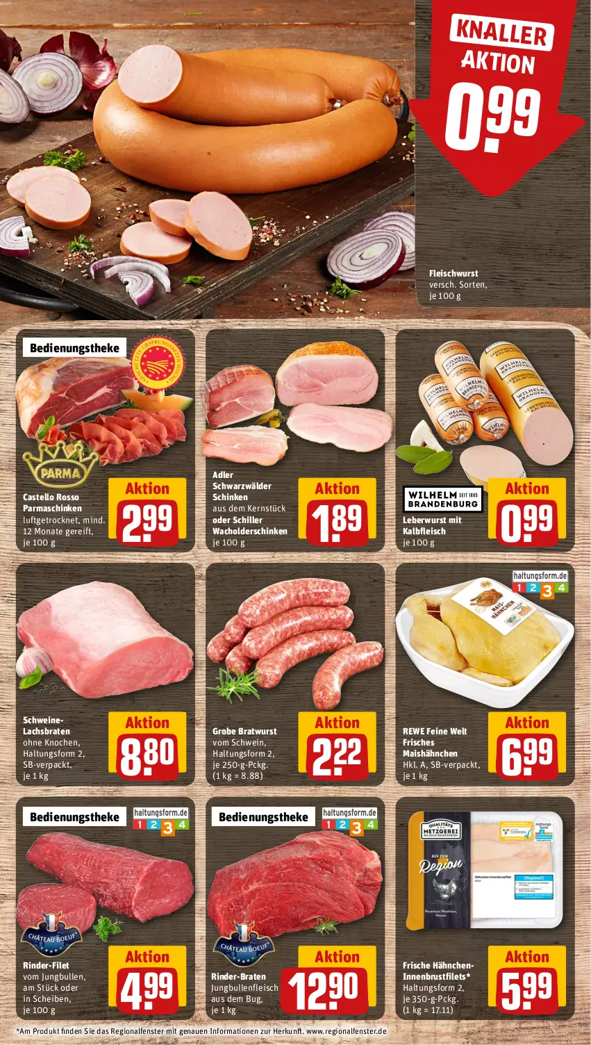 Aktueller Prospekt Rewe - Prospekte - von 14.10 bis 19.10.2024 - strona 8 - produkty: braten, bratwurst, brustfilet, eis, fenster, filet, filets, fleisch, fleischwurst, Frische Hähnchen, grobe bratwurst, jungbullen, Kalbfleisch, lachs, Lachsbraten, leberwurst, mais, mit kalbfleisch, parmaschinken, rewe feine welt, rind, rinder, schinken, schwarzwälder schinken, schwein, schweine, Schweinelachs, Ti, wein, weine, wurst