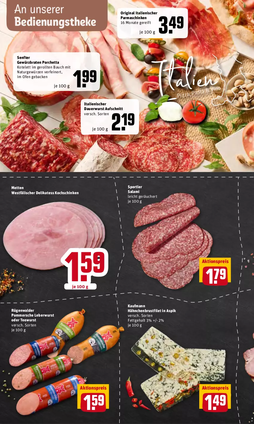 Aktueller Prospekt Rewe - REWE Ihr Kaufpark - von 16.05 bis 21.05.2022 - strona 6 - produkty: aktionspreis, auer, aufschnitt, Bau, braten, brustfilet, eis, filet, geback, gewürz, gin, hähnchenbrust, hähnchenbrustfilet, kochschinken, kotelett, leberwurst, Mett, metten, natur, Ofen, parmaschinken, pizza, Pommersche, reis, rügenwalder, salami, schinken, senf, Sport, tee, teewurst, Ti, wurst